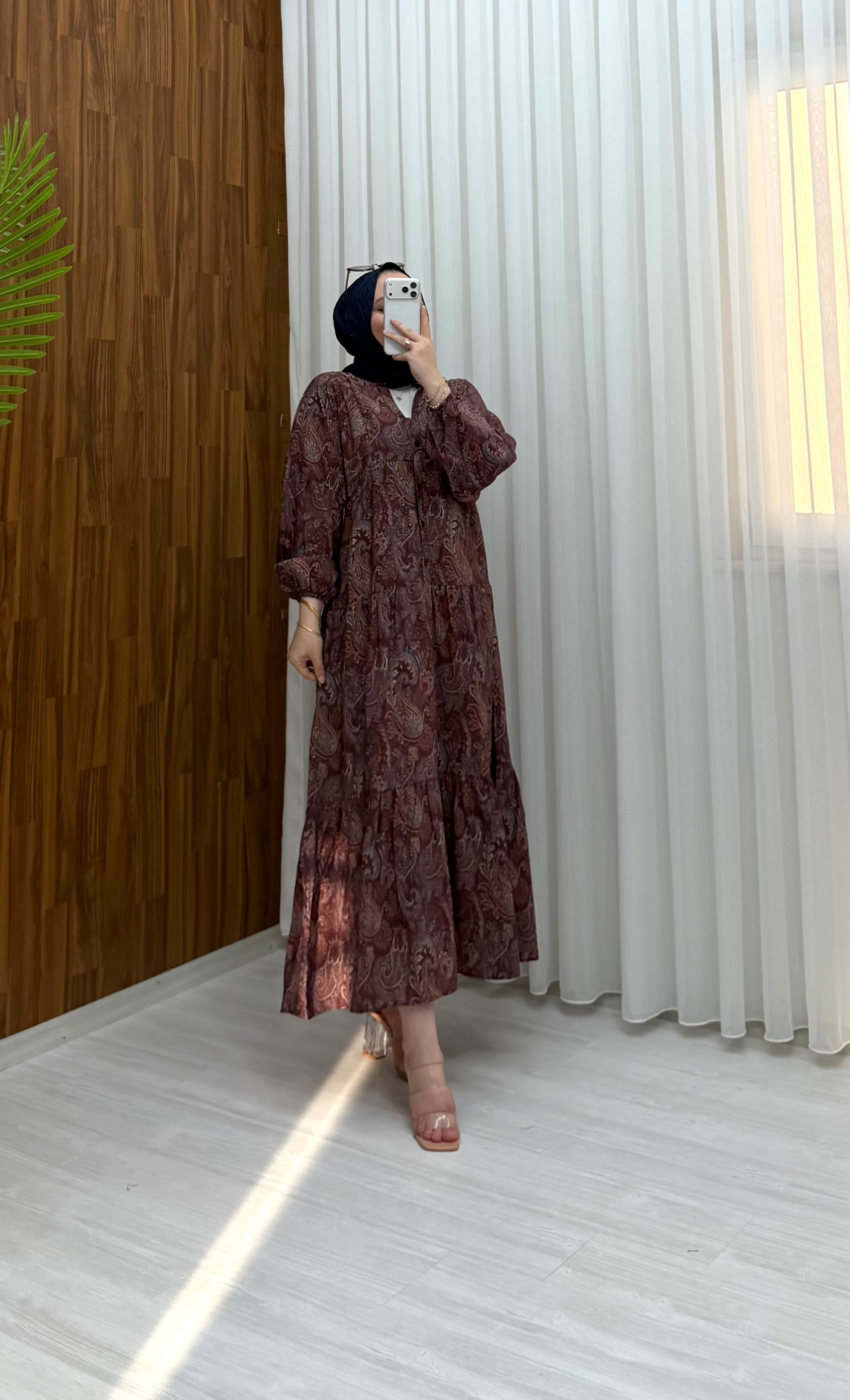 Arshia Desenli Yazlık Owersays Elbise Bordo (L) 1199 