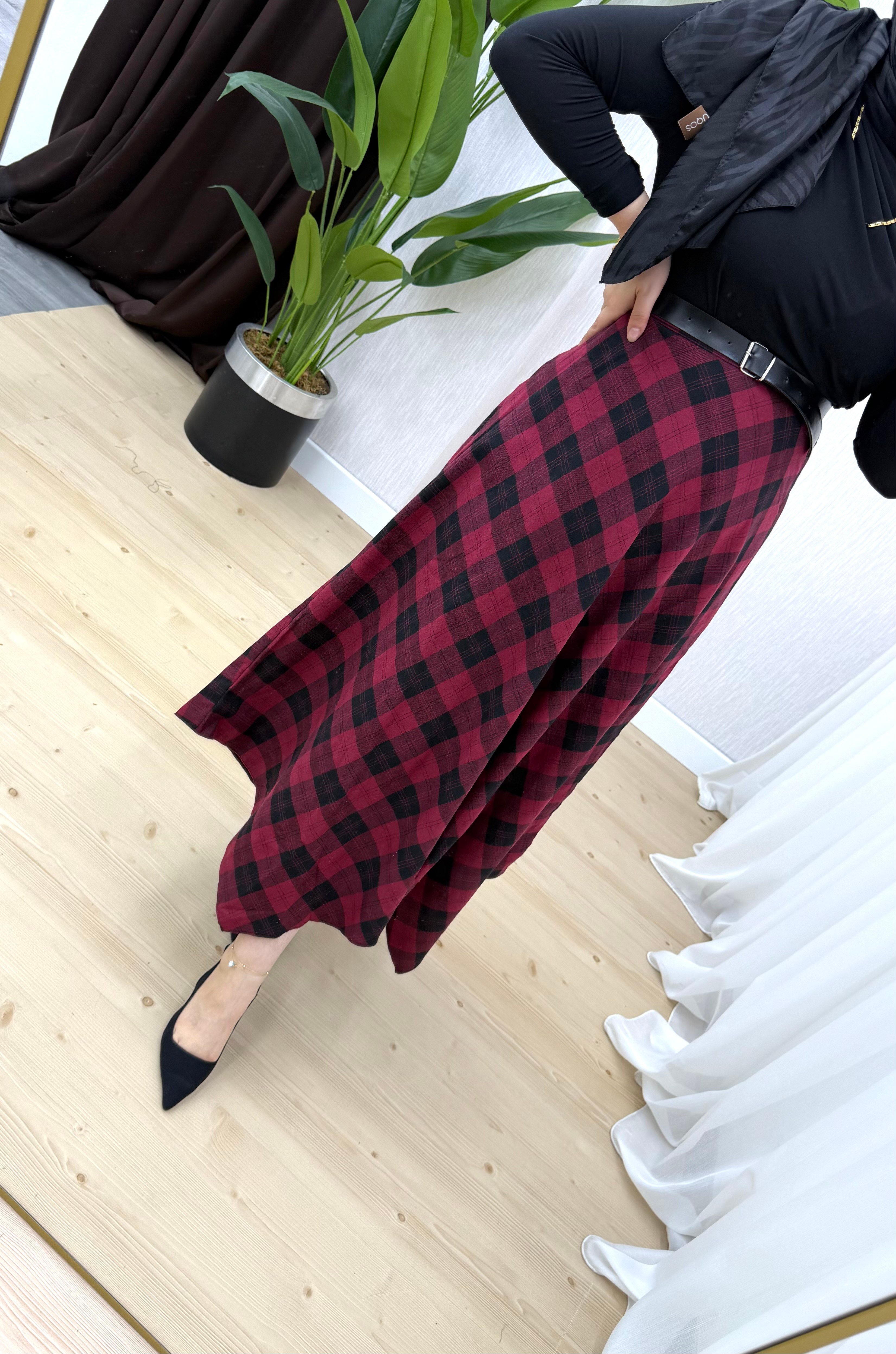 Newshe Asimetrik Ekose Etek Bordo 1674 