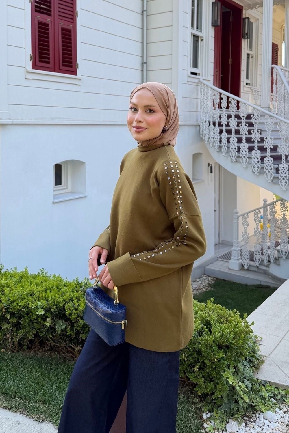Qup Ekim Taşlı Tunik Std Beden Yağ Yeşili 26150 