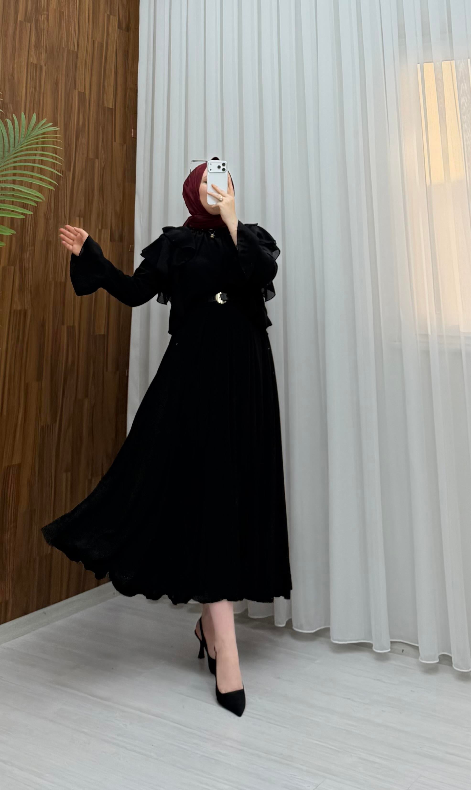 Plise Astarlı Şifon Etekli Takım Siyah  27038 