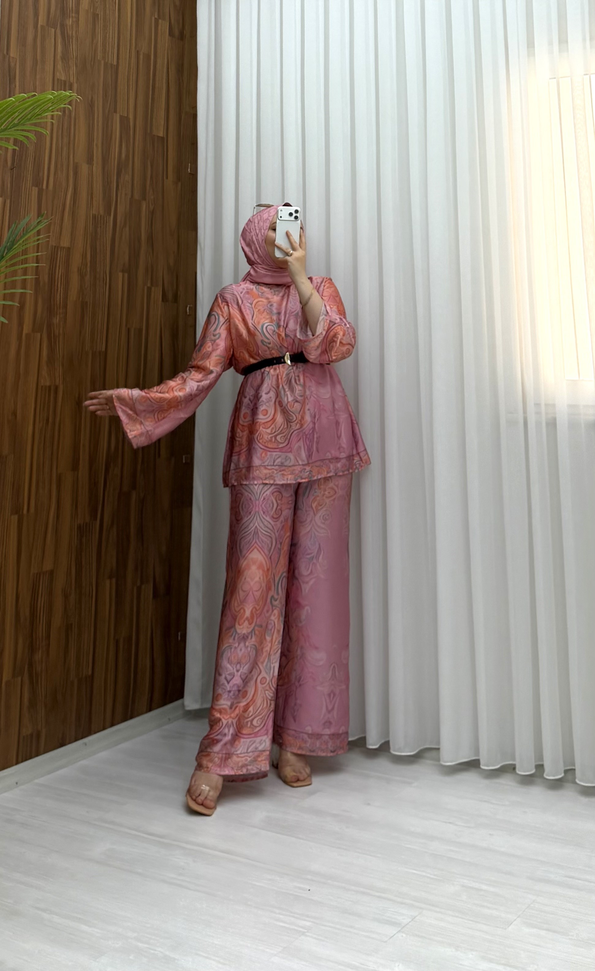 Poli Saten Desenli Takım Bordo 3029 