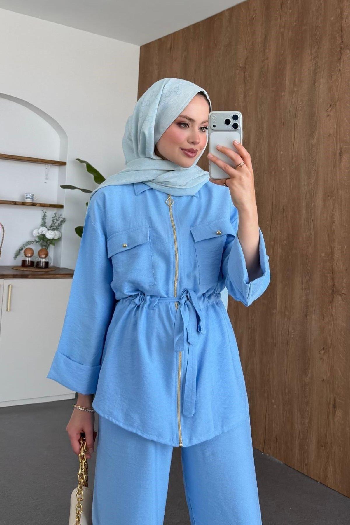 Qup Sual Keten Fermuarlı Takım Bebe Mavisi 8034 