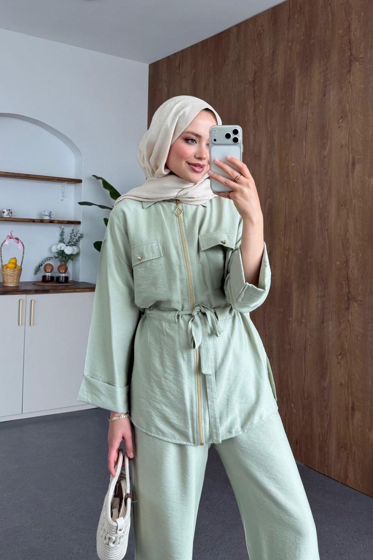 Qup Sual Keten Fermuarlı Takım Mint Yeşili 8034 