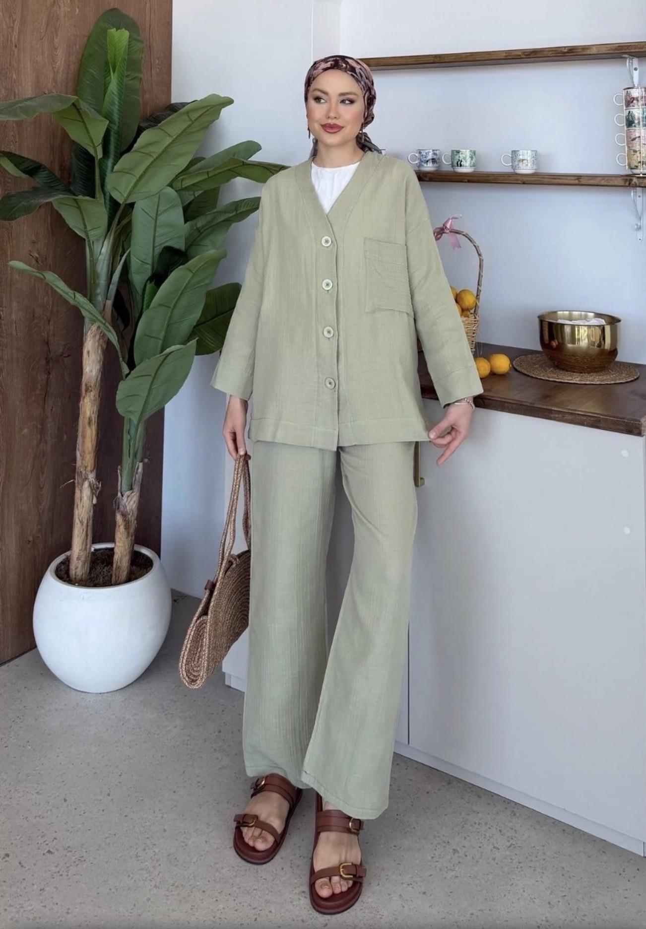 Qup Nur Keten Pantalonlu Takım Haki 8042 