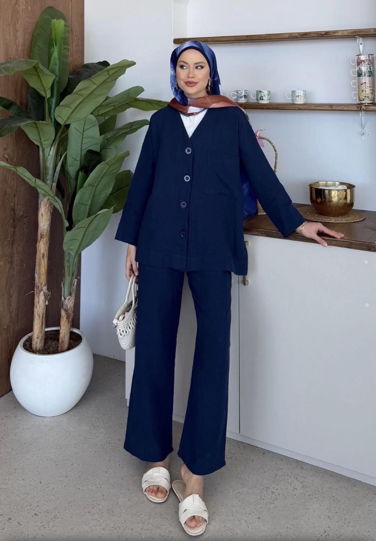 Qup Nur Keten Pantalonlu Takım Lacivert 8042 