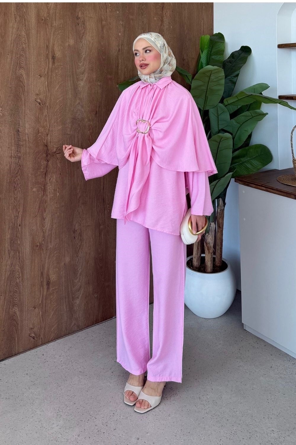 Qup Serra Pelerin 3'lü takım Pembe 8072 