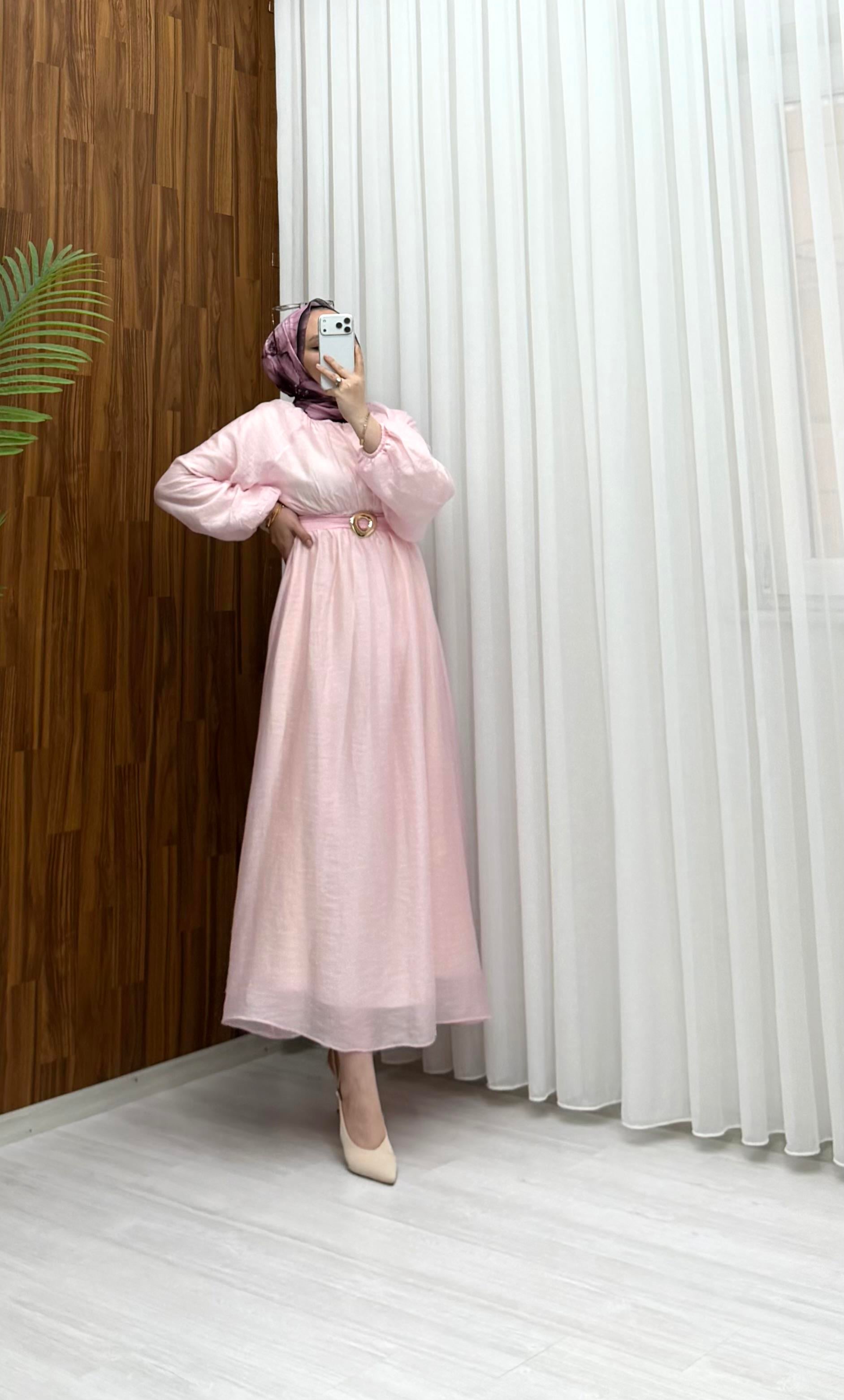 Binay Yuvarlak Toka Vual Elbise Pembe 8079 