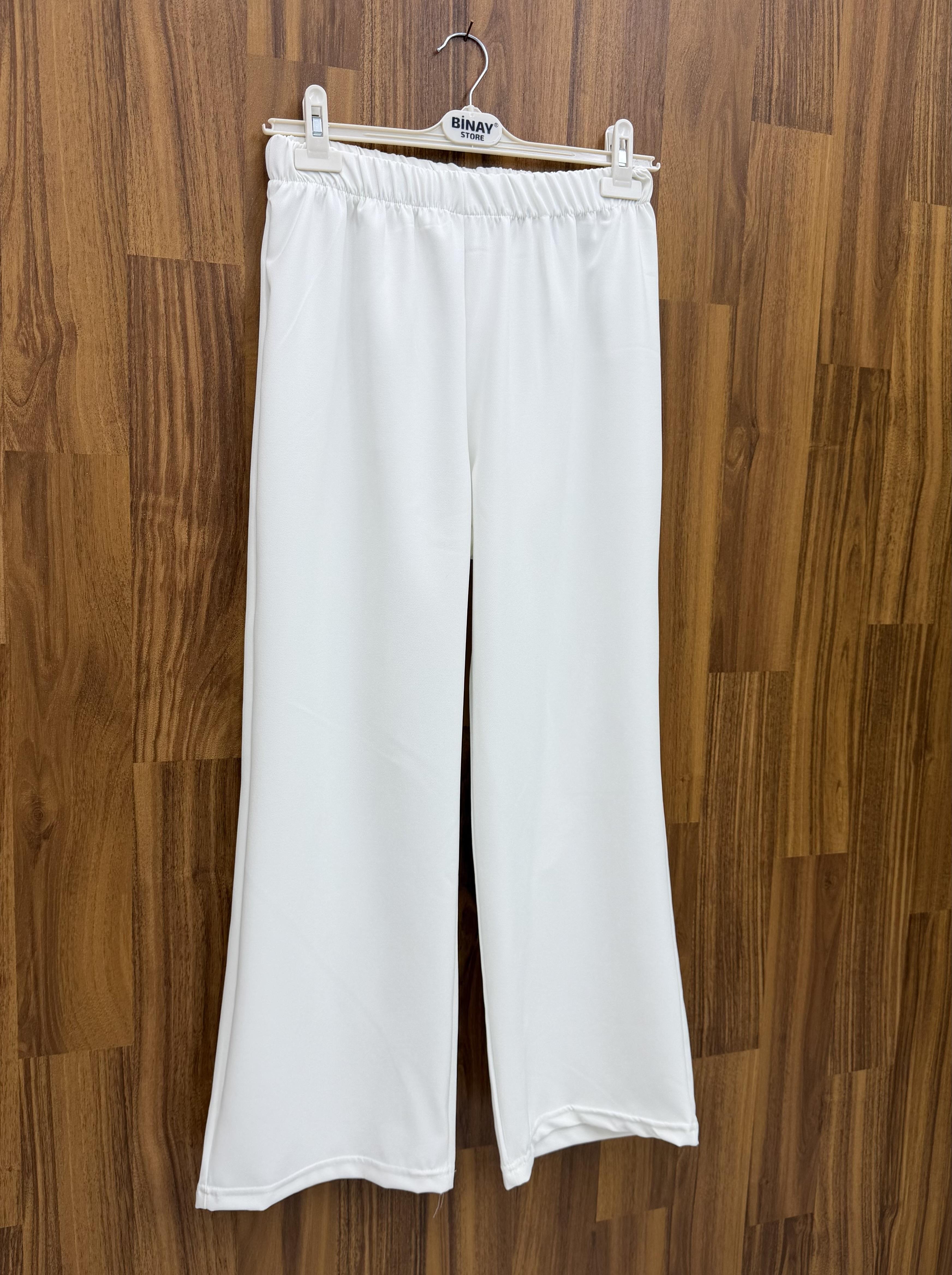 Newshe Krep Kumaş Tek Renk Pantalon Beyaz 9525 