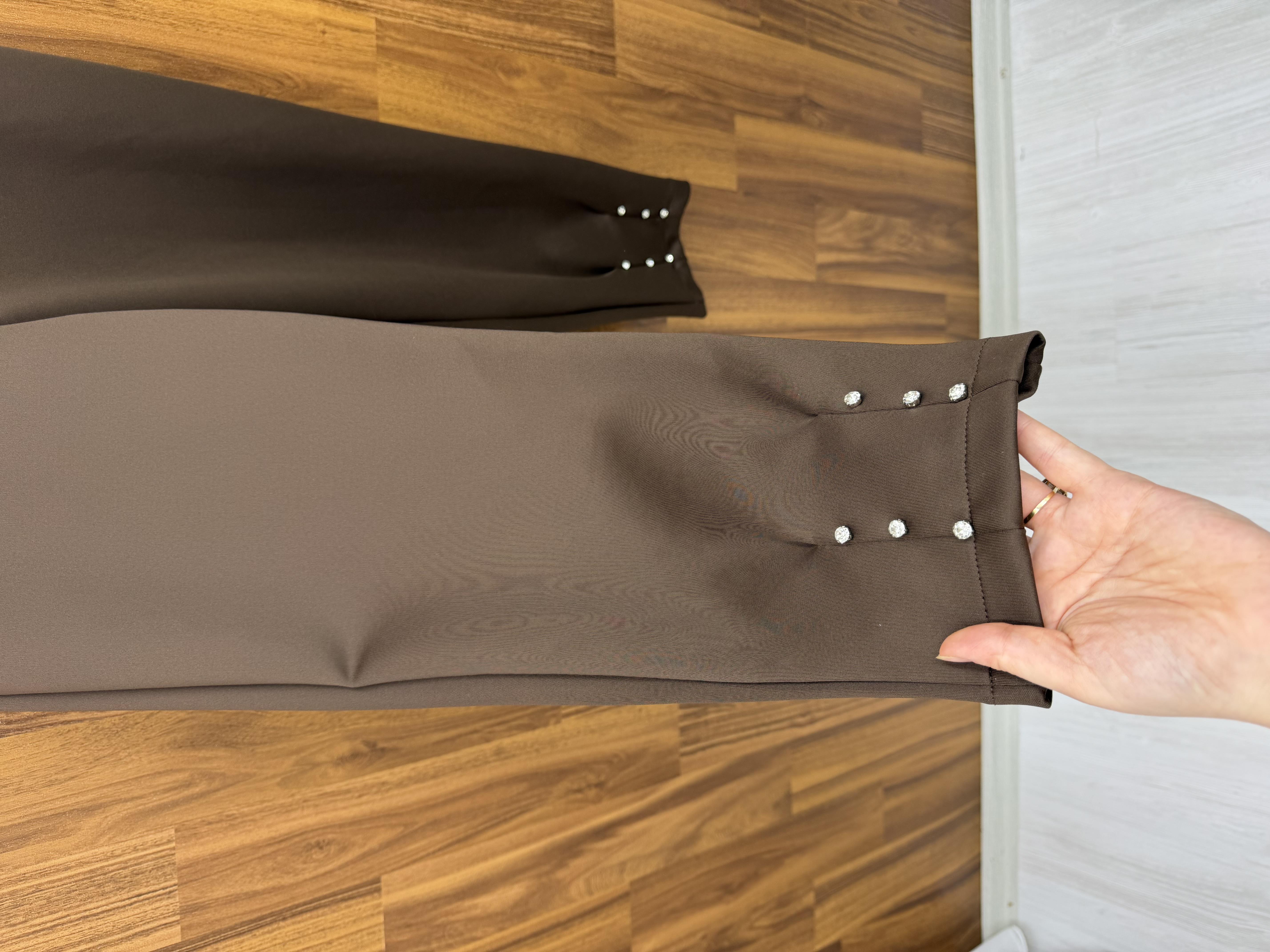 Pilise Scuba Kumaş  Paçası Taşlı Pantalon Kahve  9525 