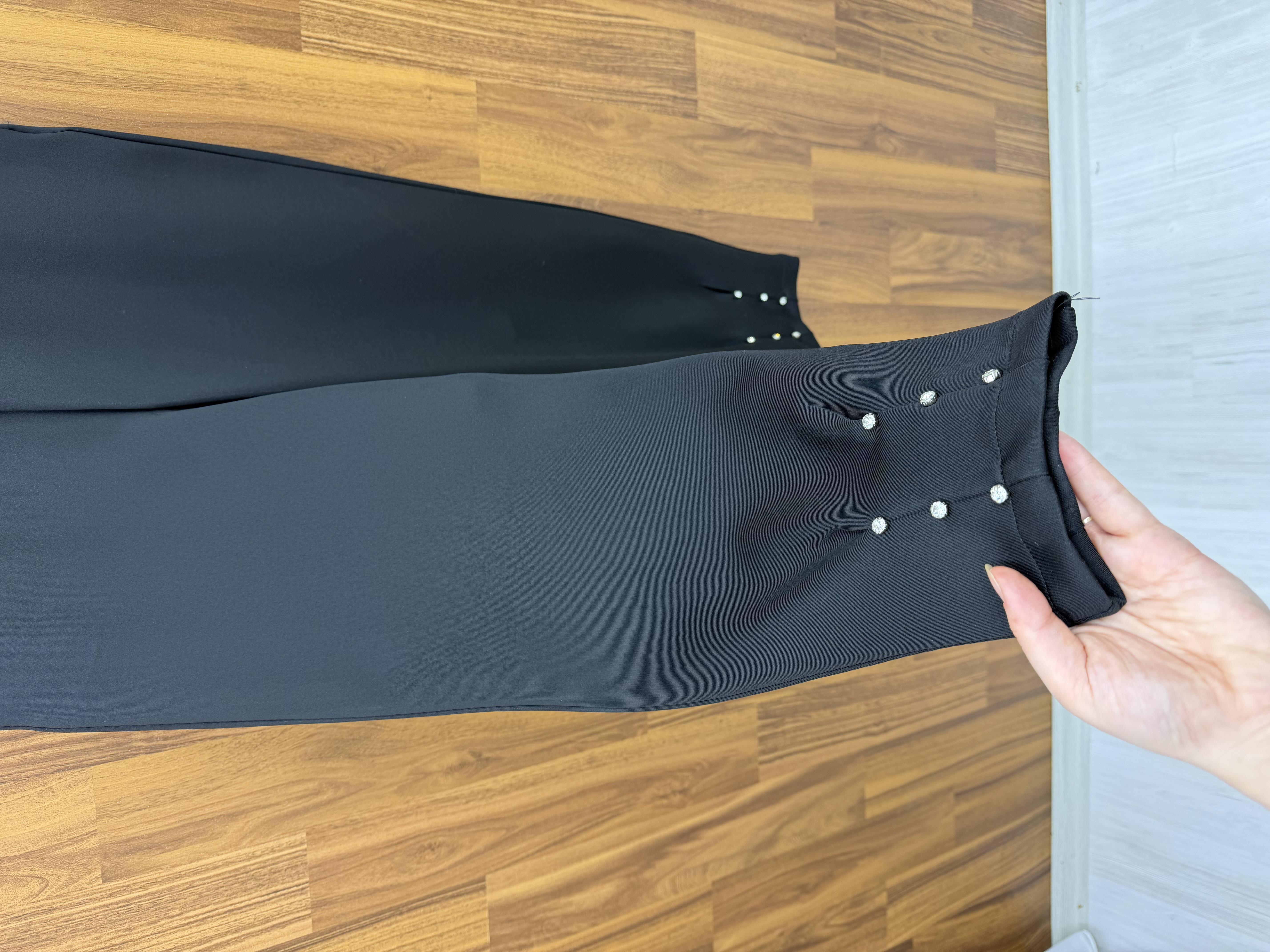 Pilise Scuba Kumaş  Paçası Taşlı Pantalon Siyah 9525 