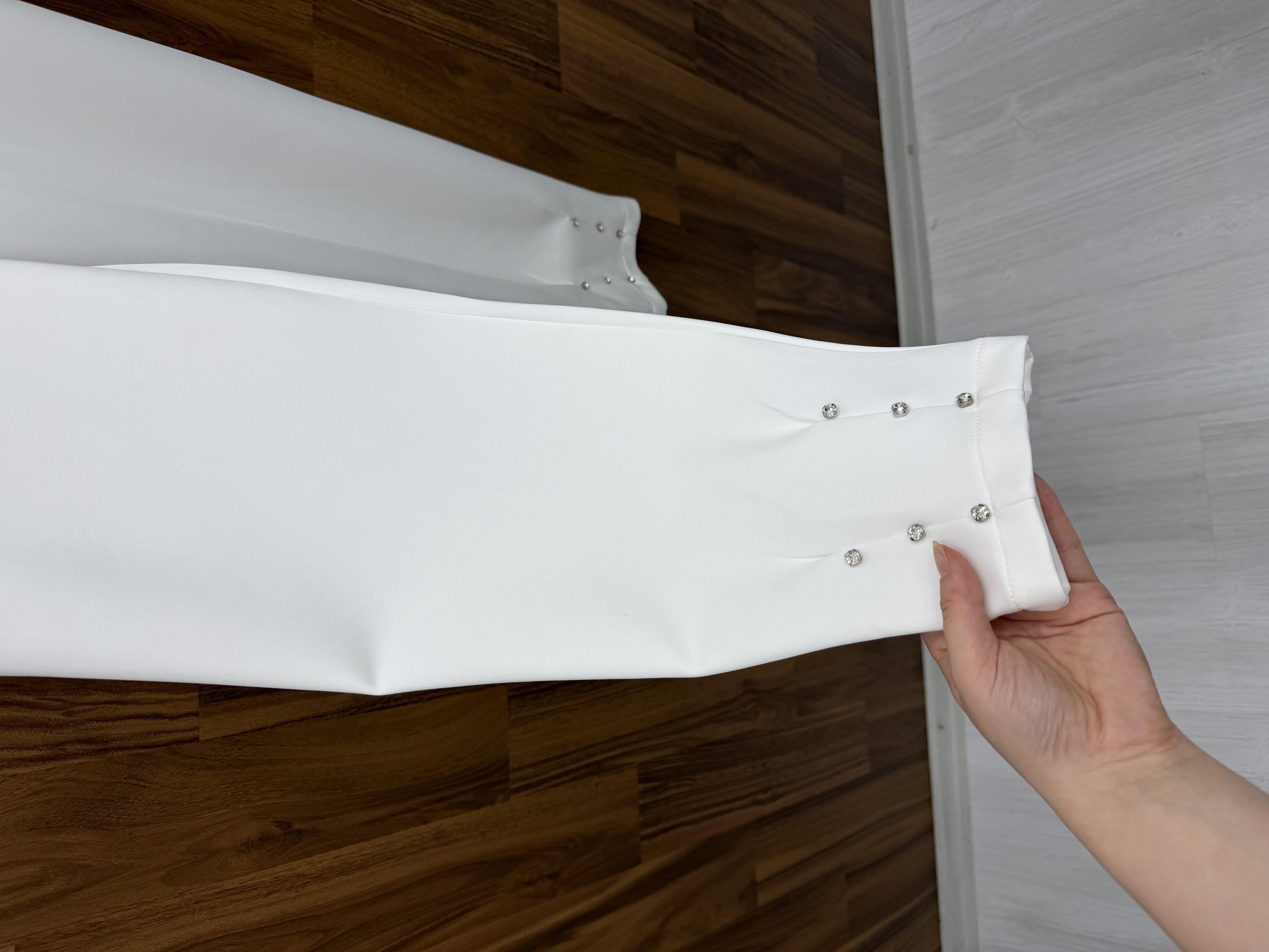 Pilise Scuba Kumaş  Paçası Taşlı Pantalon Beyaz  9525 