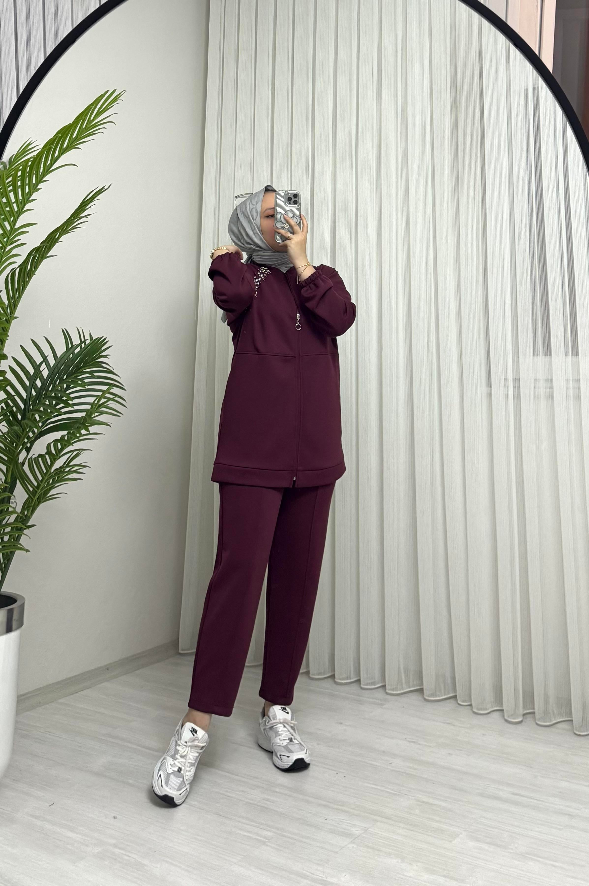Aya Store Fermuarlı Taş İşlemeli Takım Bordo