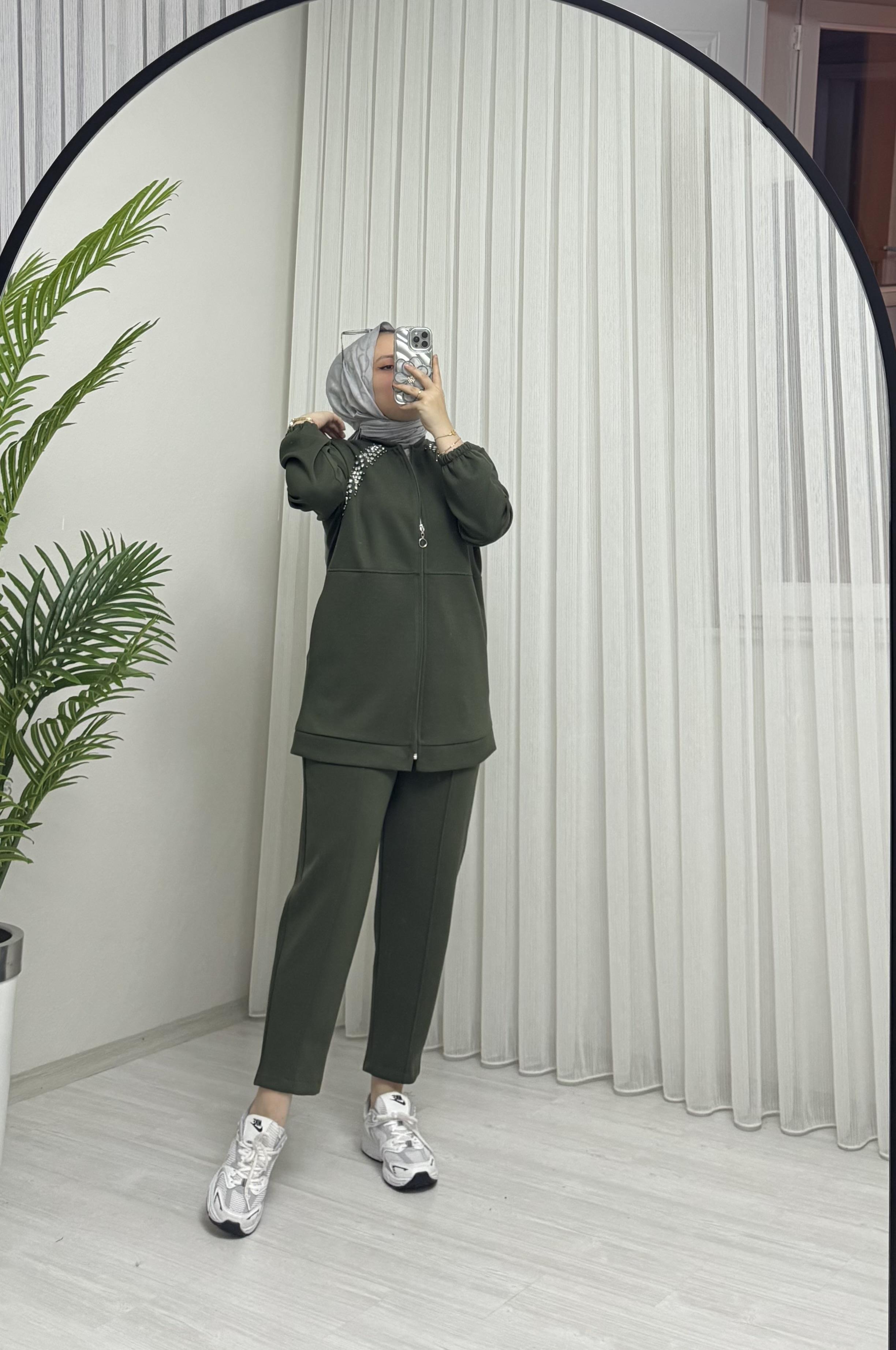 Aya Store Fermuarlı Taş İşlemeli Takım Haki 