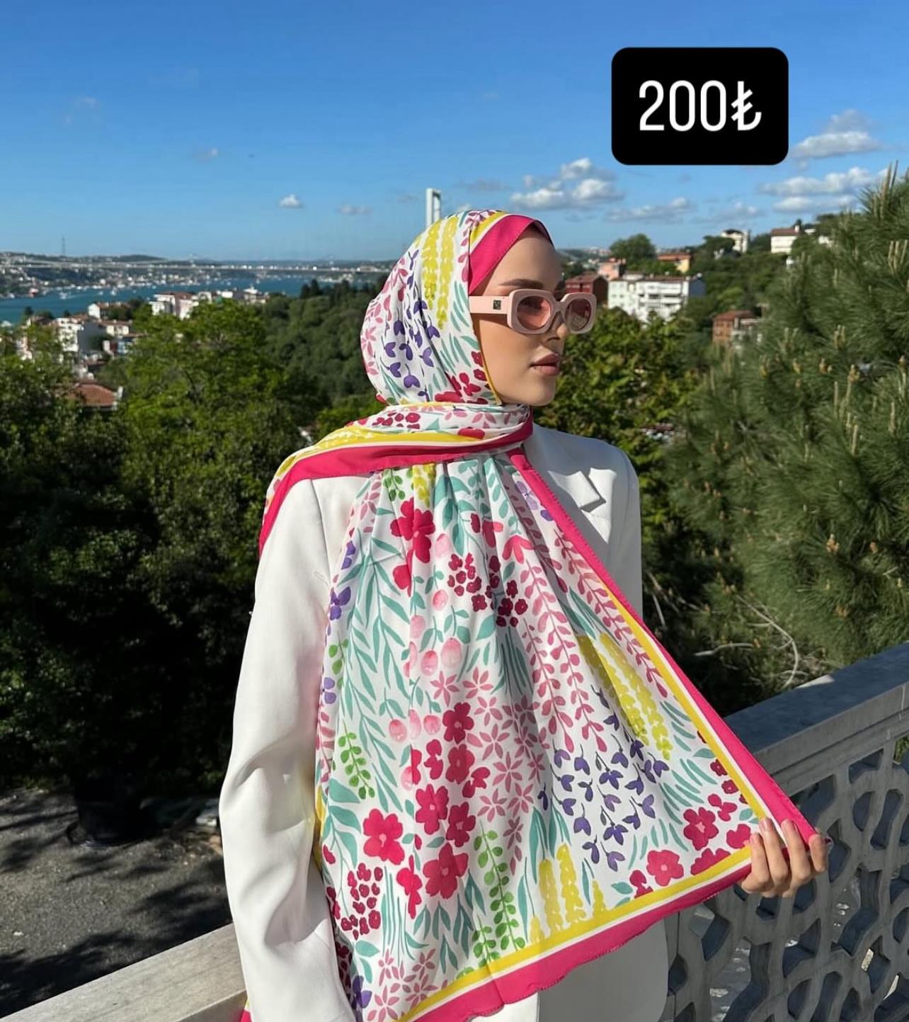 Desenli Şal zincir detaylı çiçek şal Fuşya 
