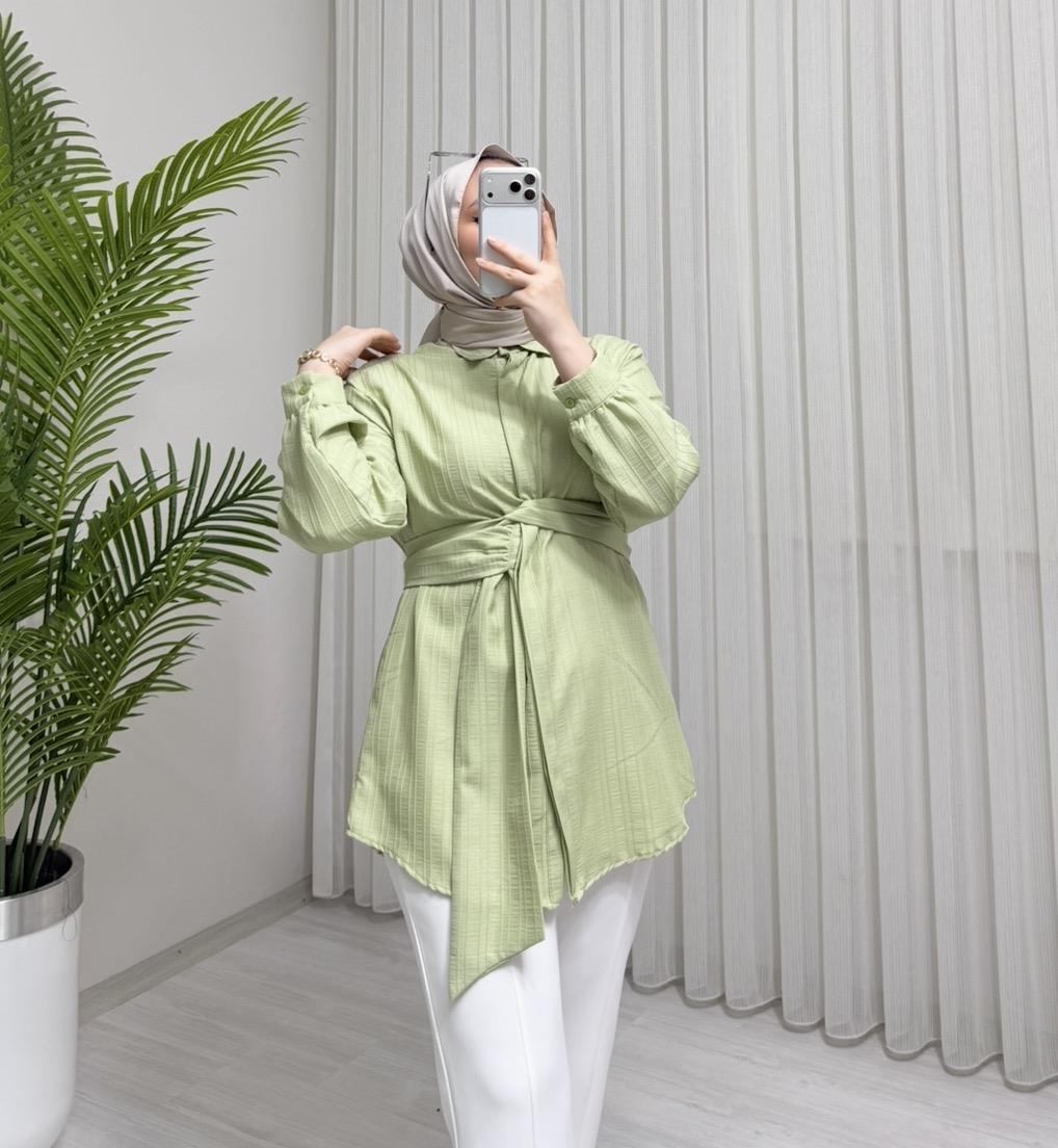 Newshe Florlu Bağlamalı Tunik Mint Yeşili