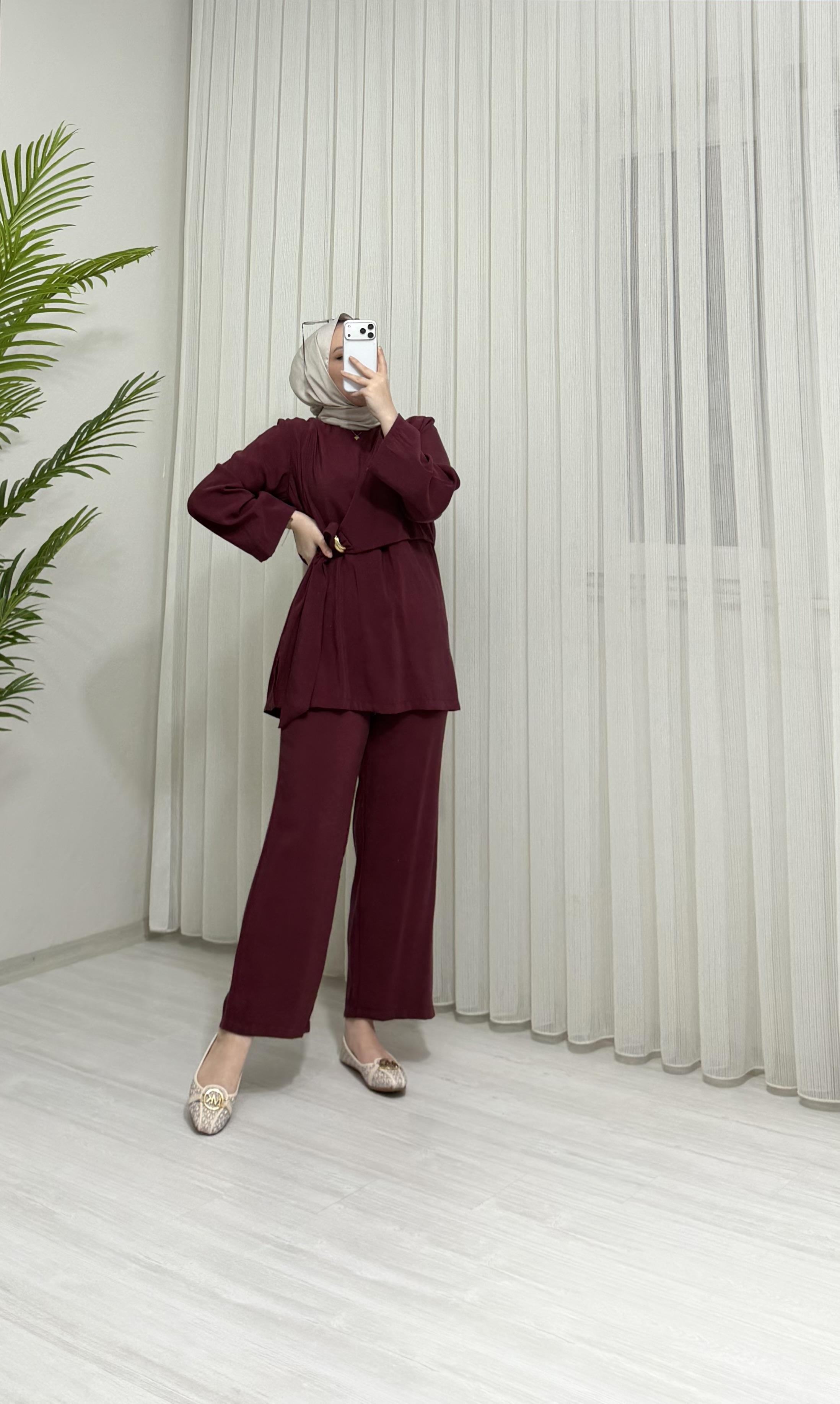 Newshe Modal Kumaş Pantalonlu Takım Bordo