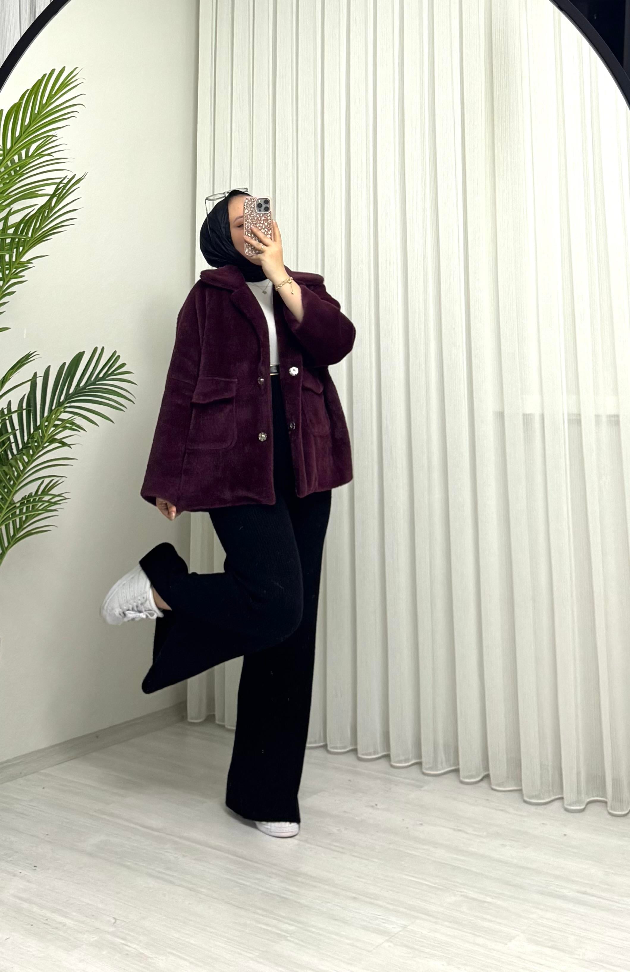 Poli Çıtlı Angora Astarlı Kaban Bordo