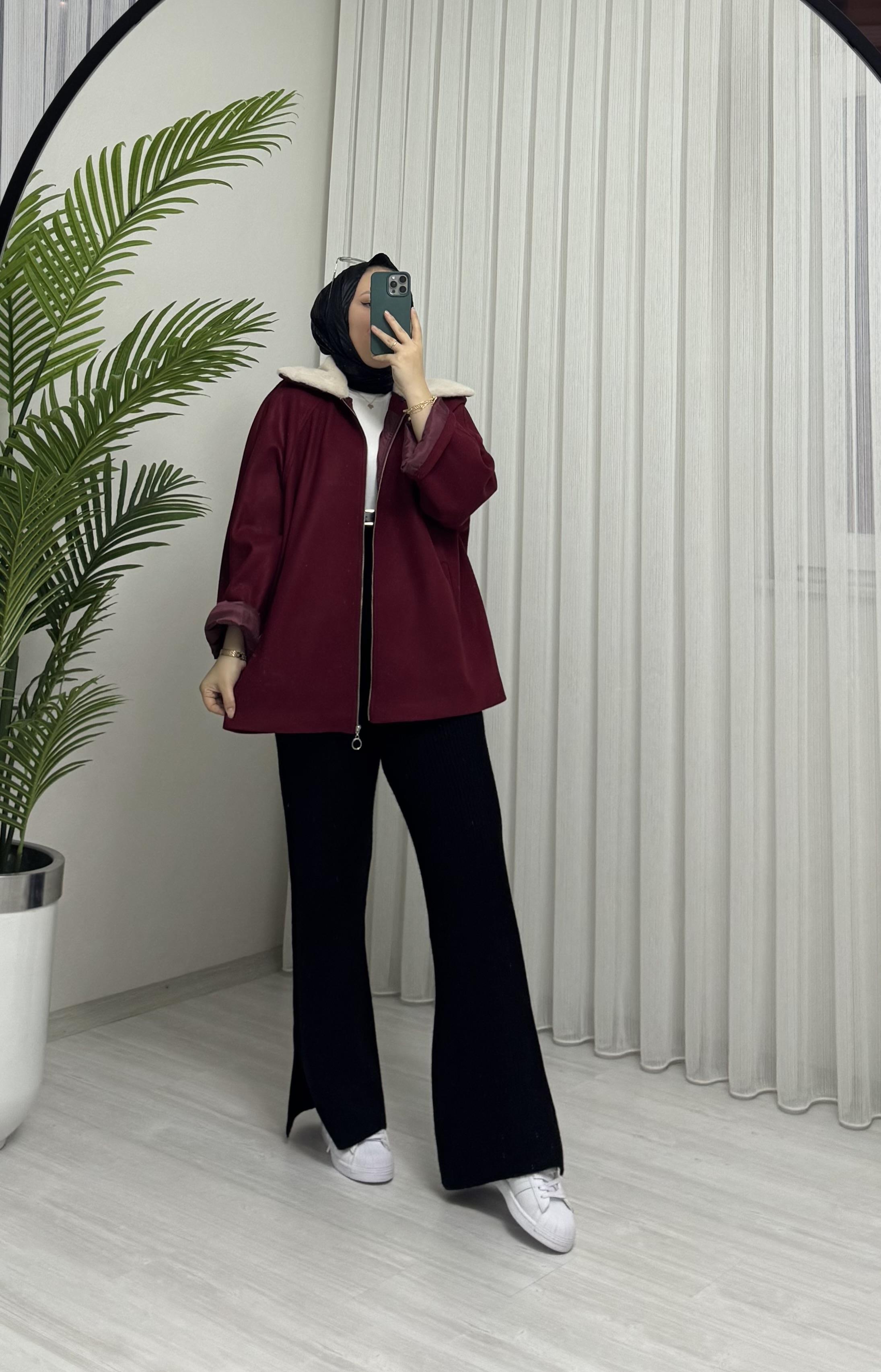 Poli Kürk Yaka Kaşe Kaban-Ceket Bordo