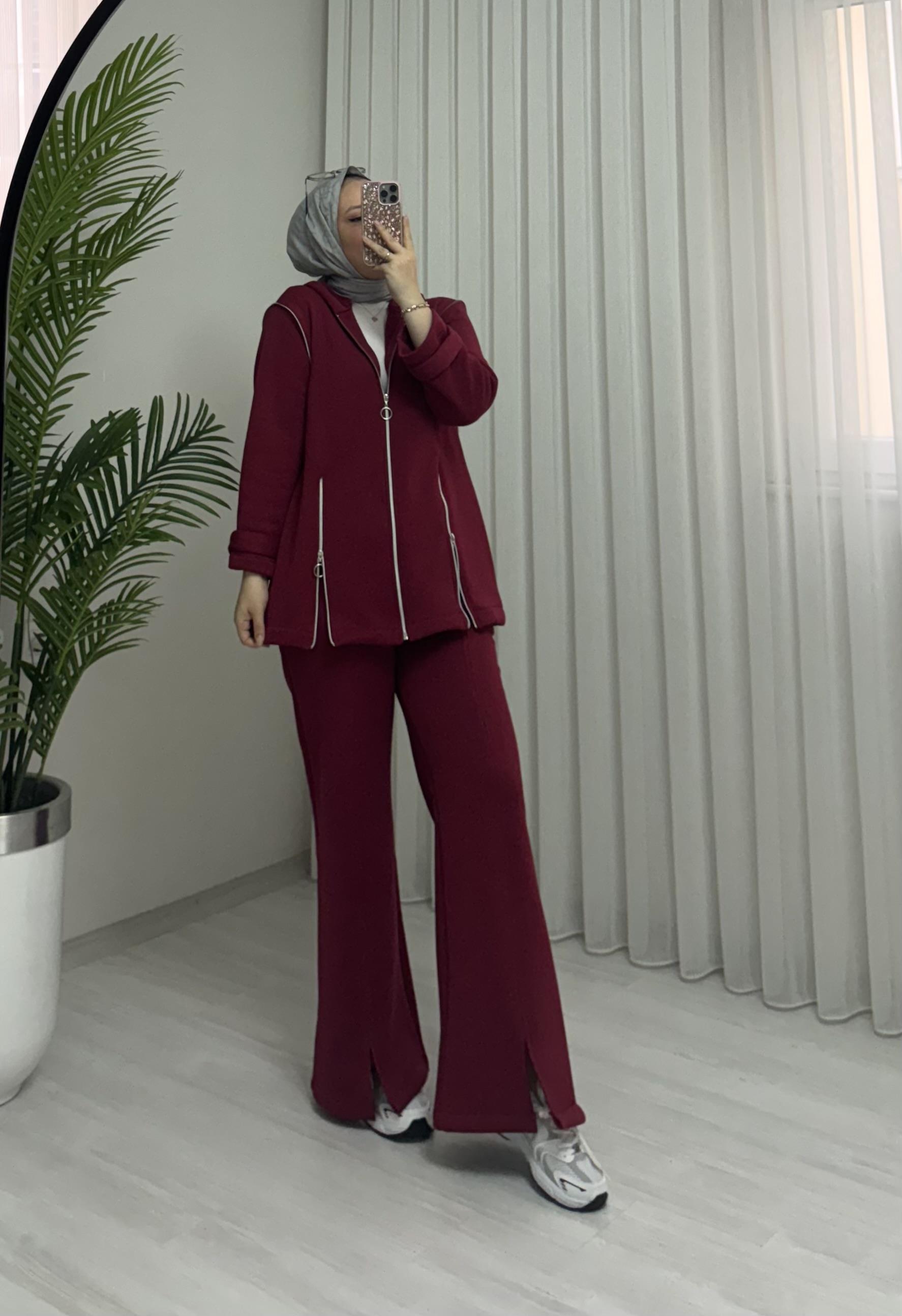 Poli Şardonlu Fermuarlı Takım Bordo