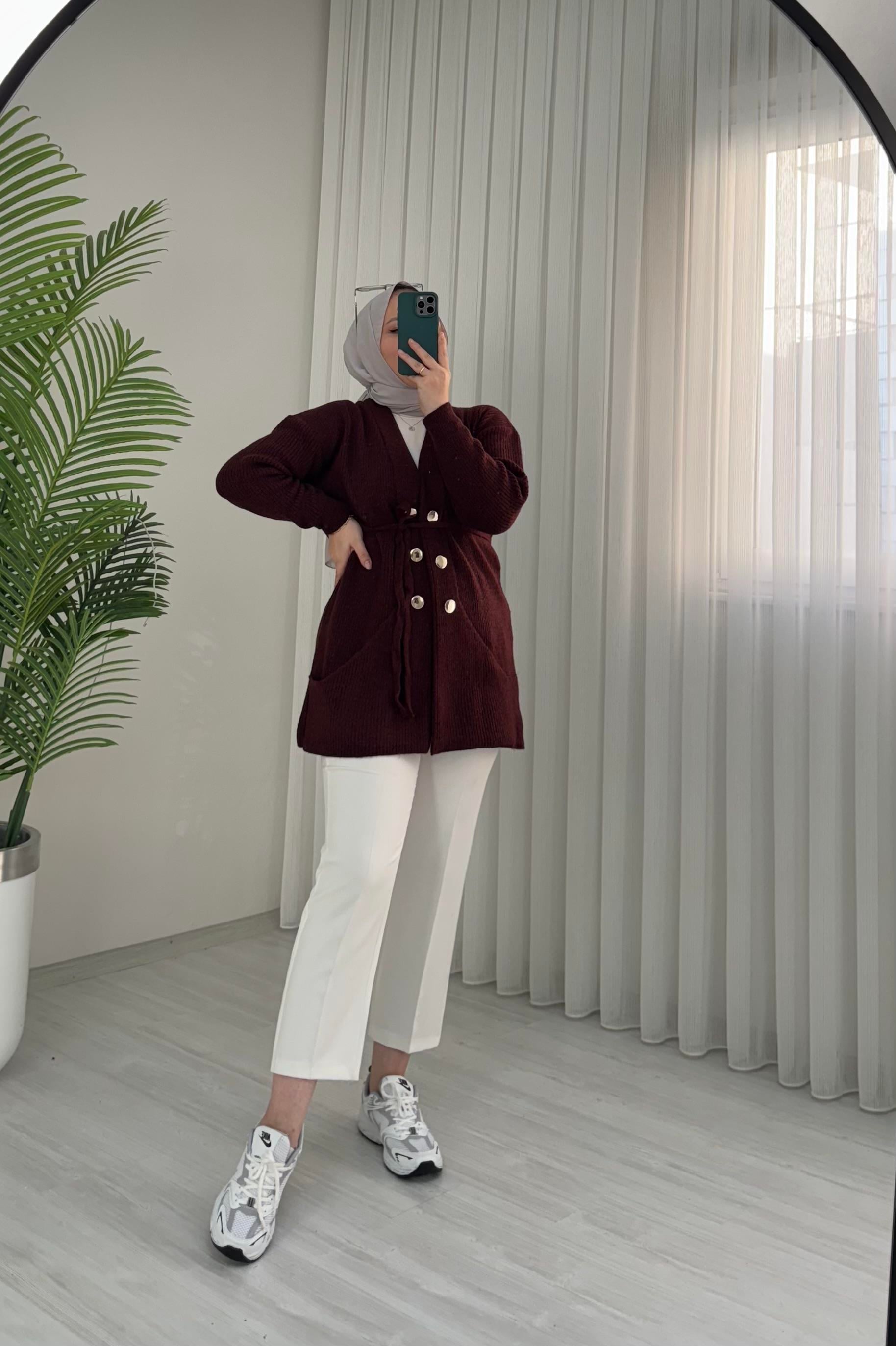 Qup Gold Düğmeli Triko Hırka Bordo