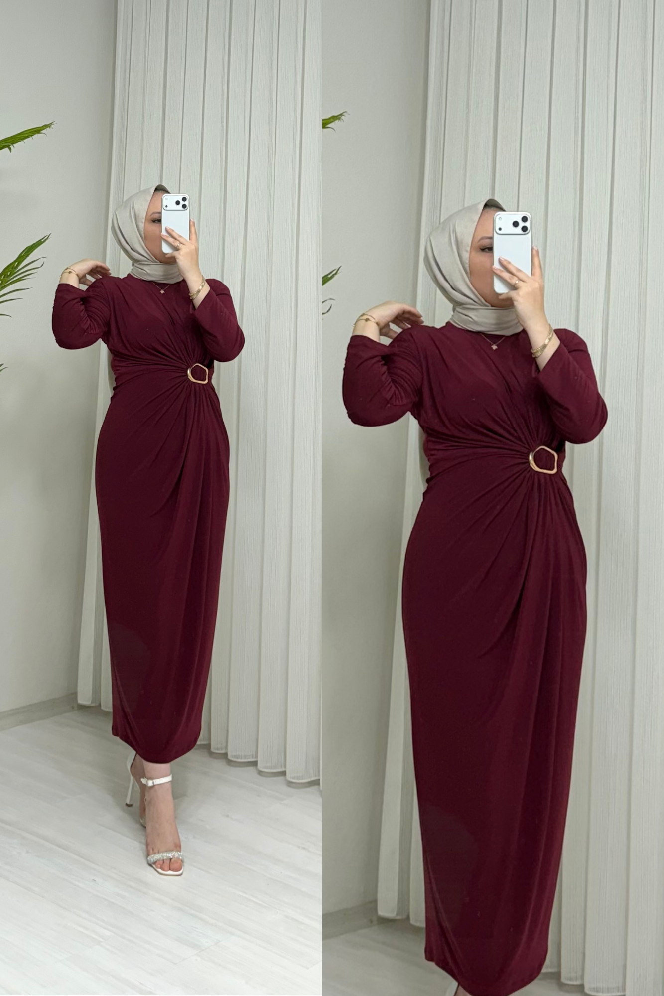 Qup Hiva Sendy Kumaş Tokalı Elbise Bordo