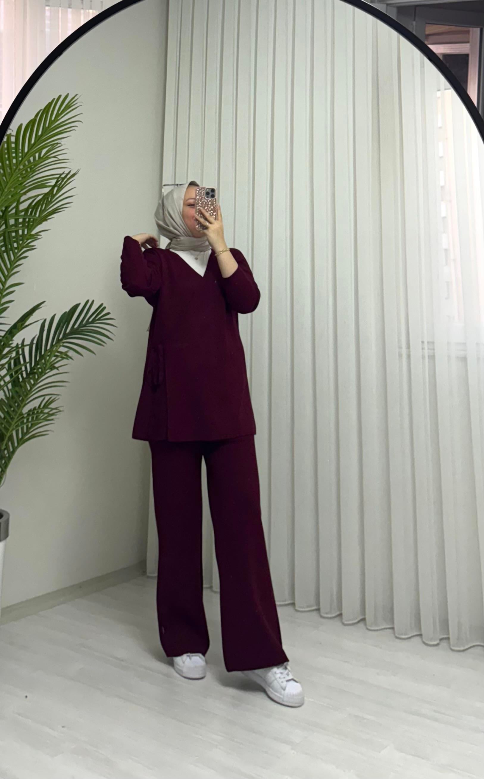 Qup Triko Hırkalı Bağlamalı Takım  Bordo