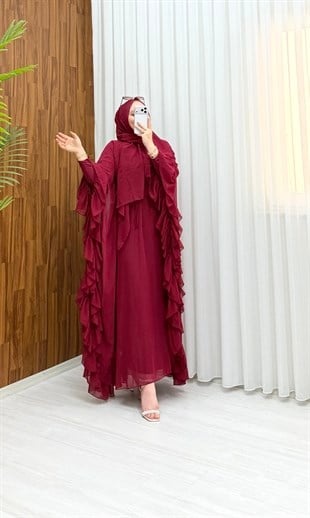 Qup Mısra Pelerin 3'Parça Elbise Bordo 1069 