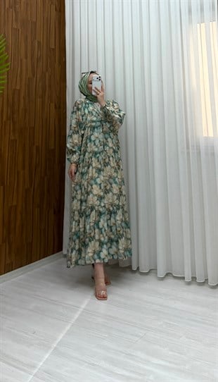 Arshia Desenli Yazlık Owersays Elbise Yeşil (K) 1199 