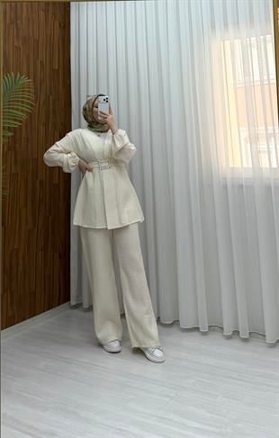 Poli Müslin Kumaş Pantalonlu Takım Bej 4784 