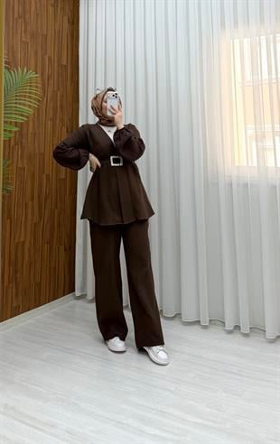 Poli Müslin Kumaş Pantalonlu Takım Kahve 4784 
