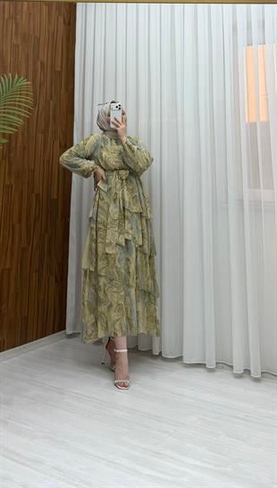 Binay Şifon Desenli Kat Kat Elbise Yeşil 7894 