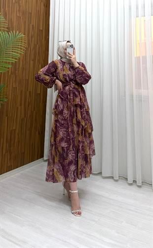 Binay Şifon Desenli Kat Kat Elbise Mürdüm 7894 