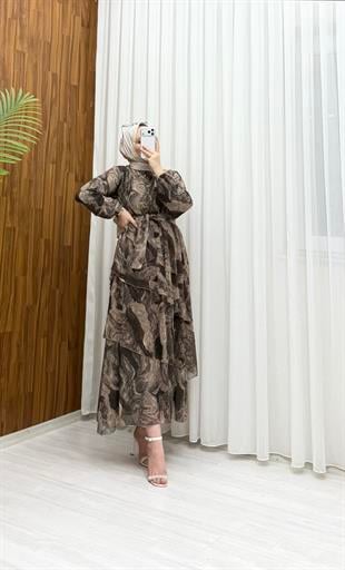 Binay Şifon Desenli Kat Kat Elbise Siyah 7894 