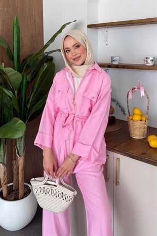 Qup Sual Keten Fermuarlı Takım Pembe 8034 