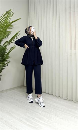 Qup Pile Detaylı Krep Takım Lacivertt