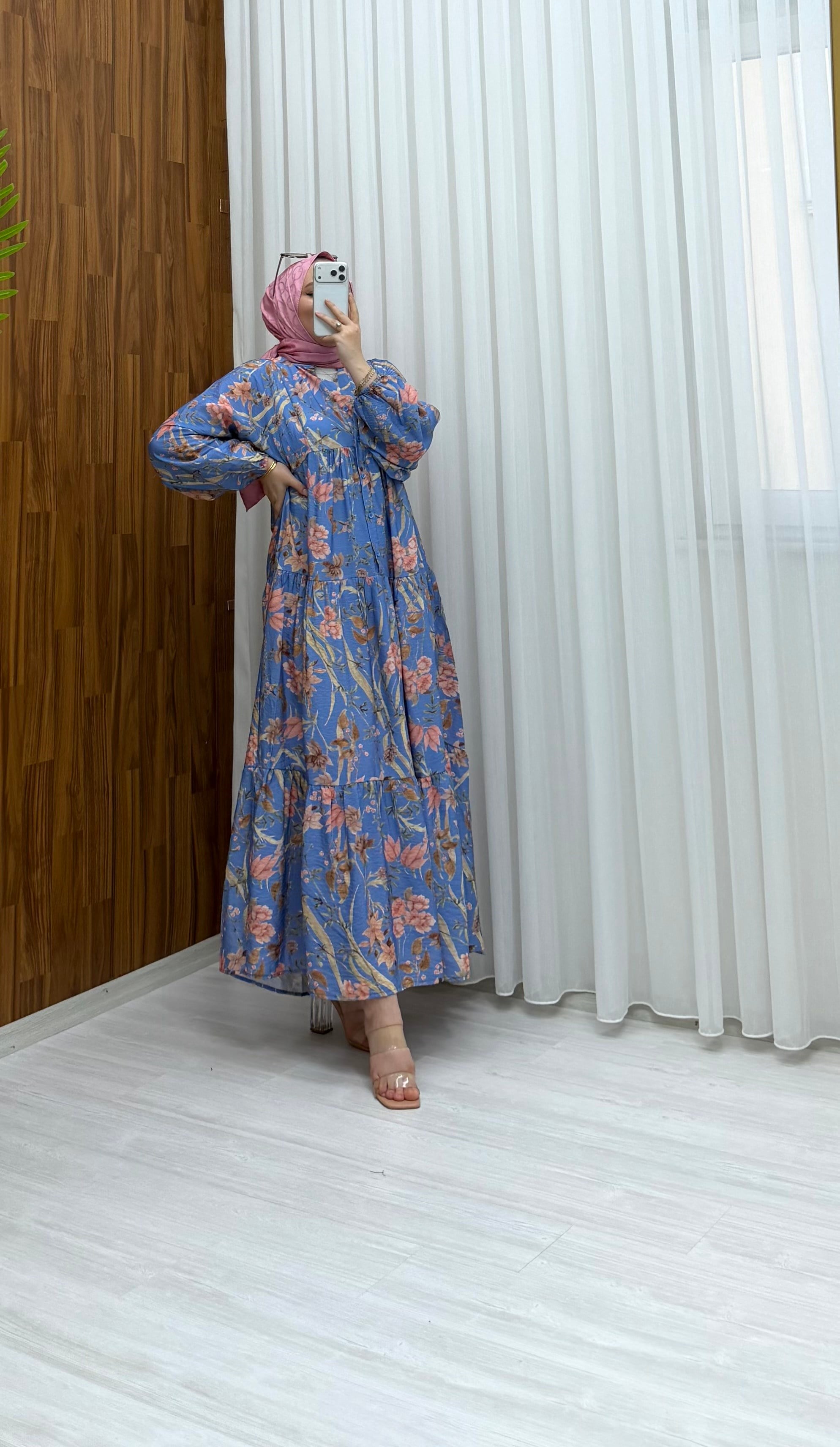 Arshia Desenli Yazlık Owersays Elbise Mavi Pembe Çiçekli (H) 1199 