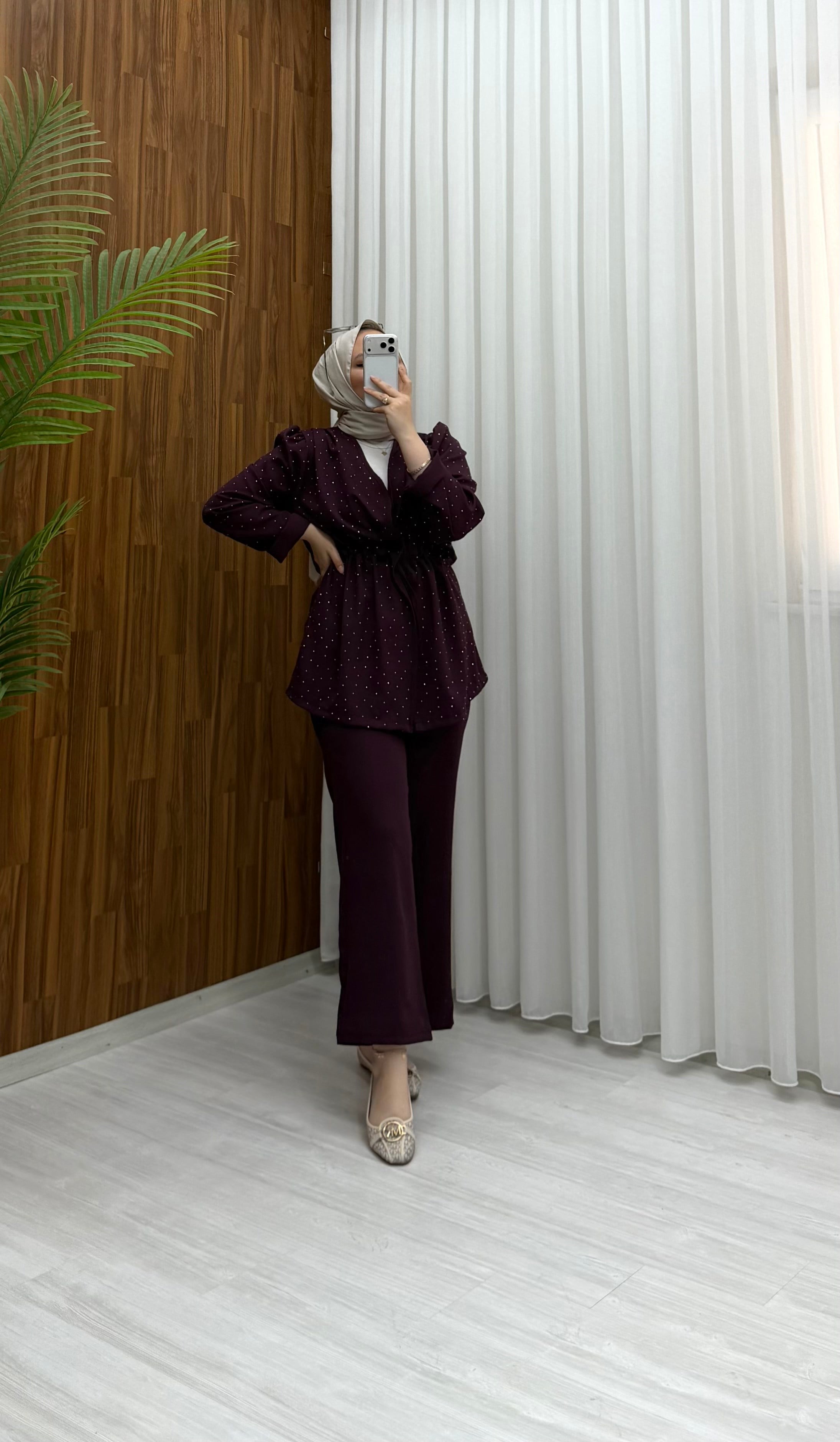 Newshe Taşlı Krep Takım Bordo 2020 