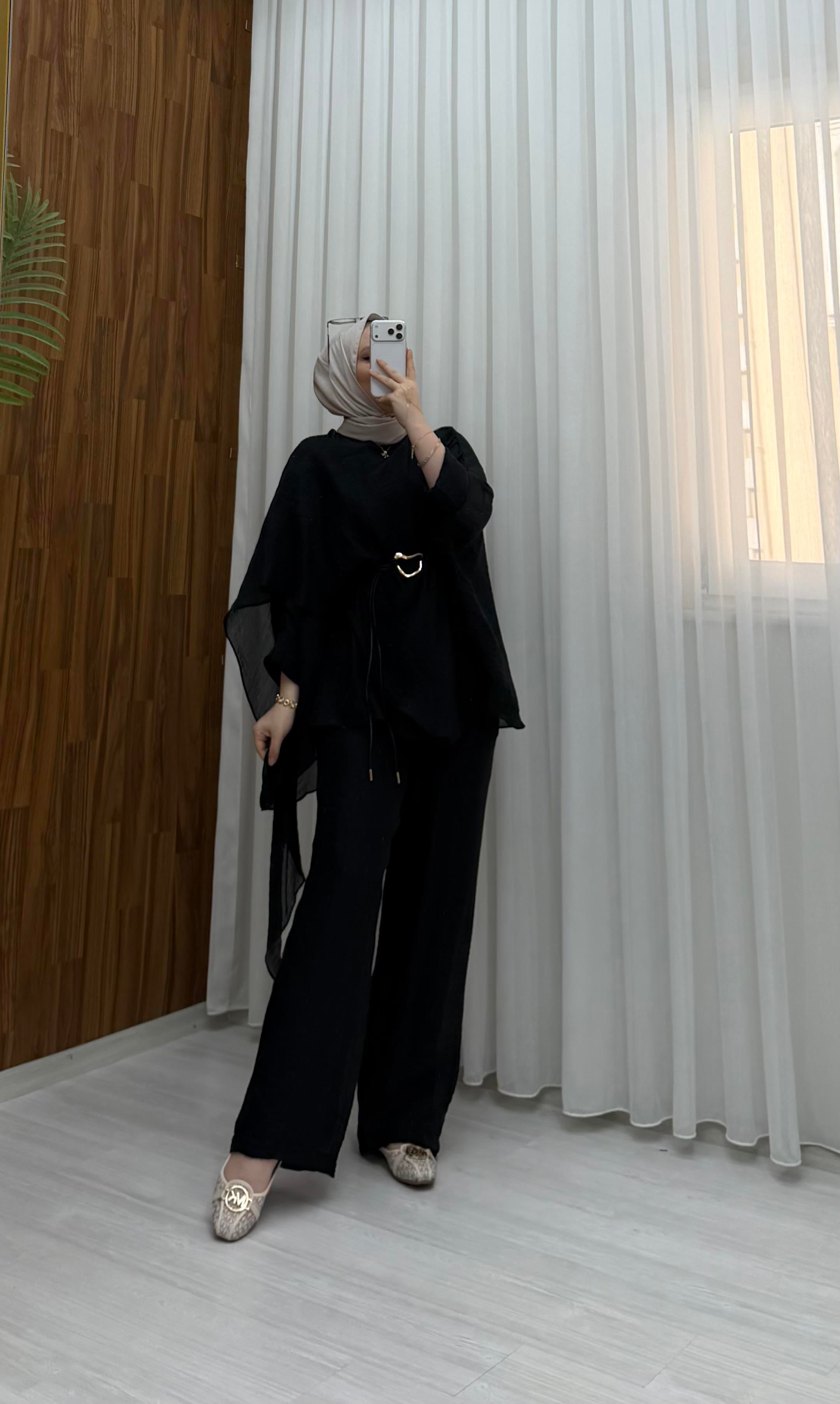 Plise Deri Kemer Detaylı Vual Takım Siyah 22858 