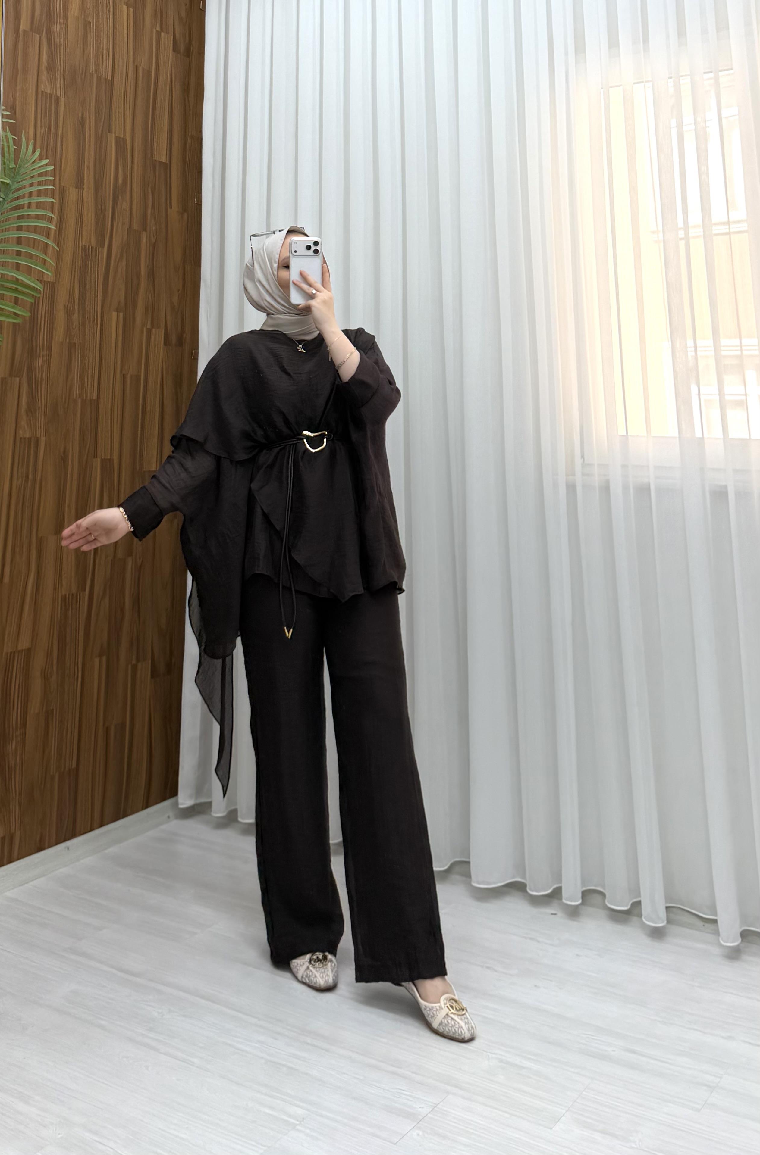Plise Deri Kemer Detaylı Vual Takım Kahve 22858 