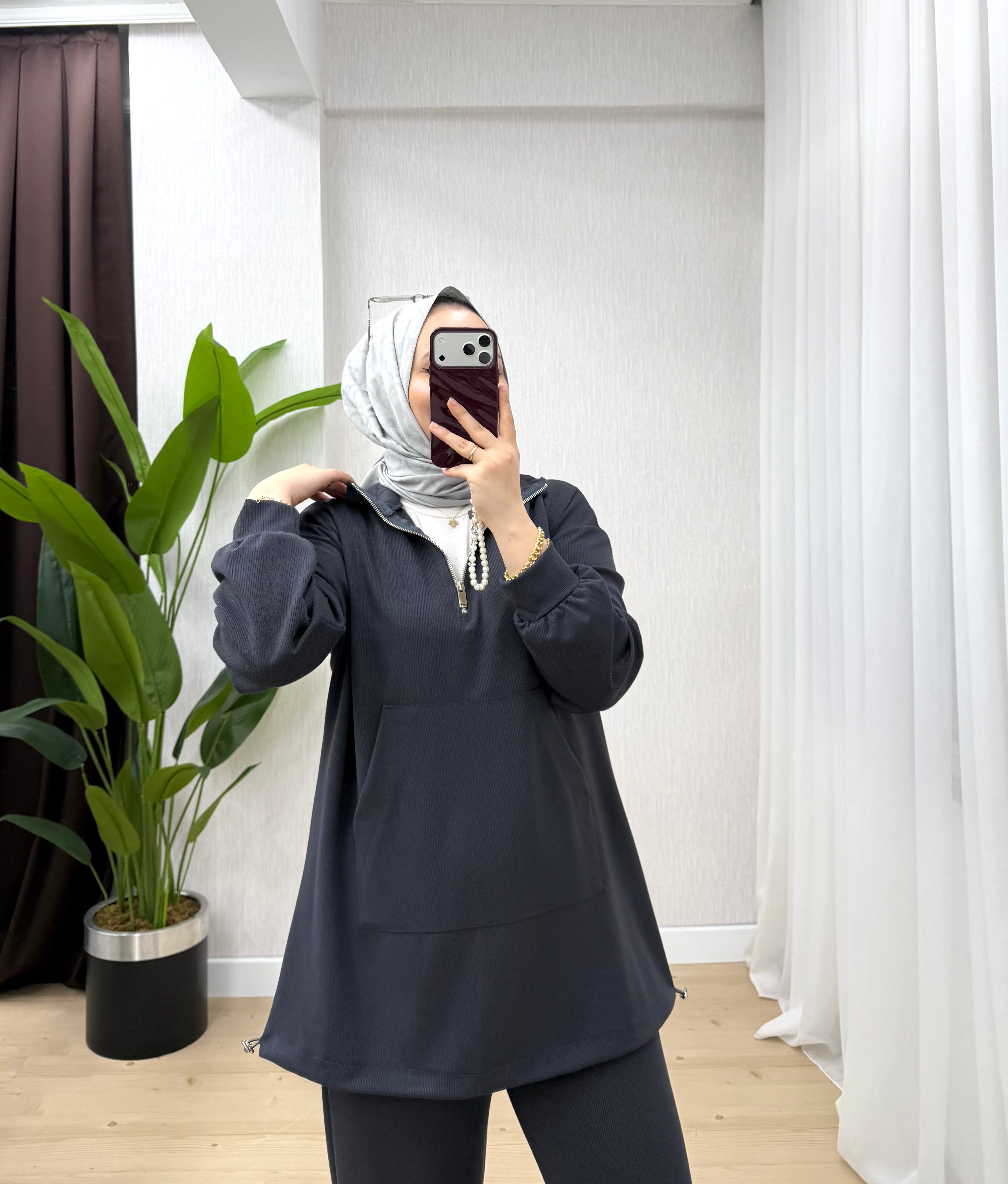 Plise Çizgili Oys Takım Antrasit 22951 