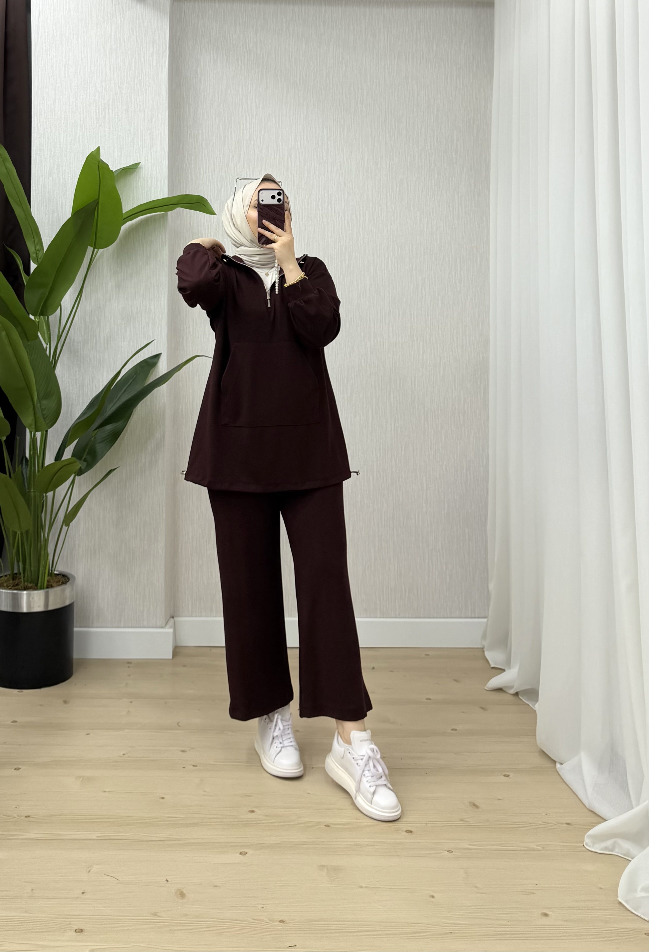 Plise Çizgili Oys Takım Bordo 22951 
