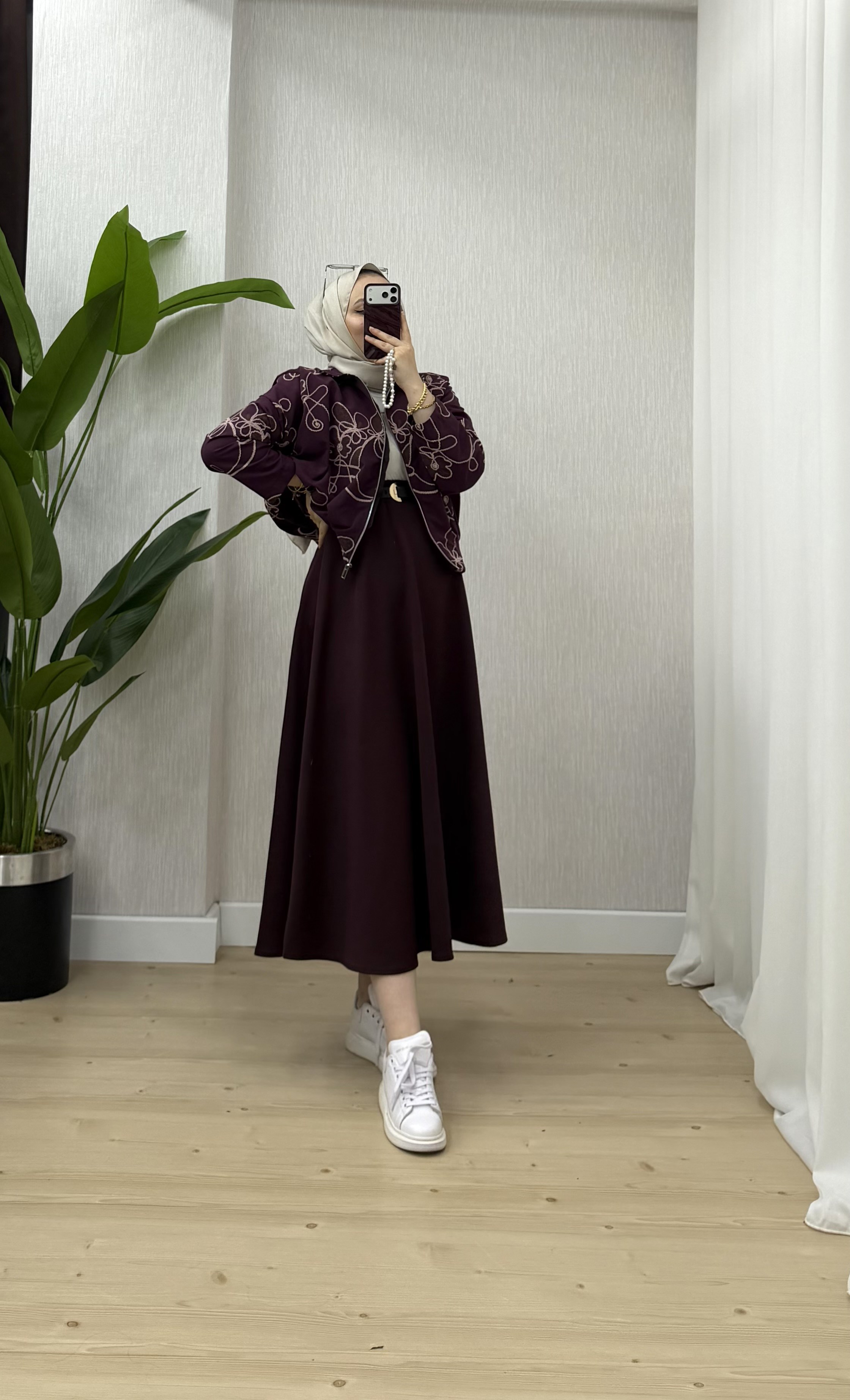 Plise Desenli Scuba Etekli Takım Bordo 24475 