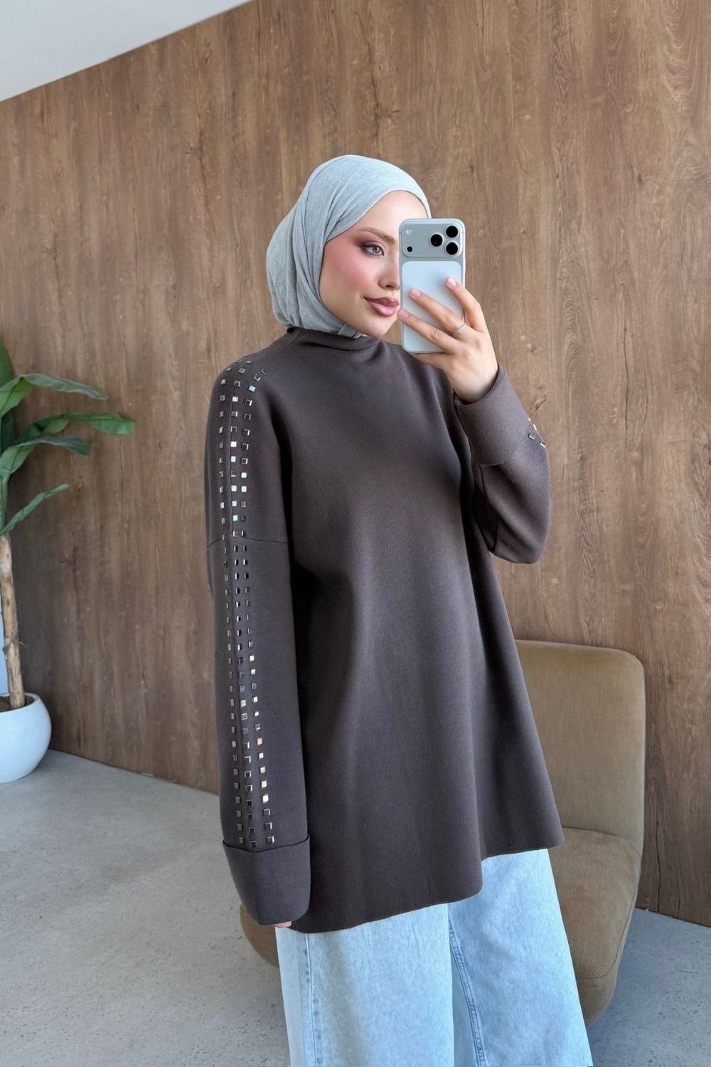 Qup Ekim Taşlı Tunik Std Beden Kahve 26150 