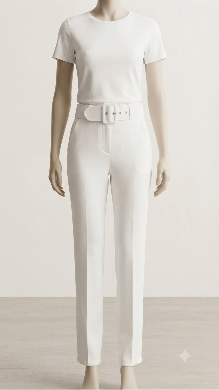 Yare Kaplama Kemer Kalem Pantalon Beyaz 3553 