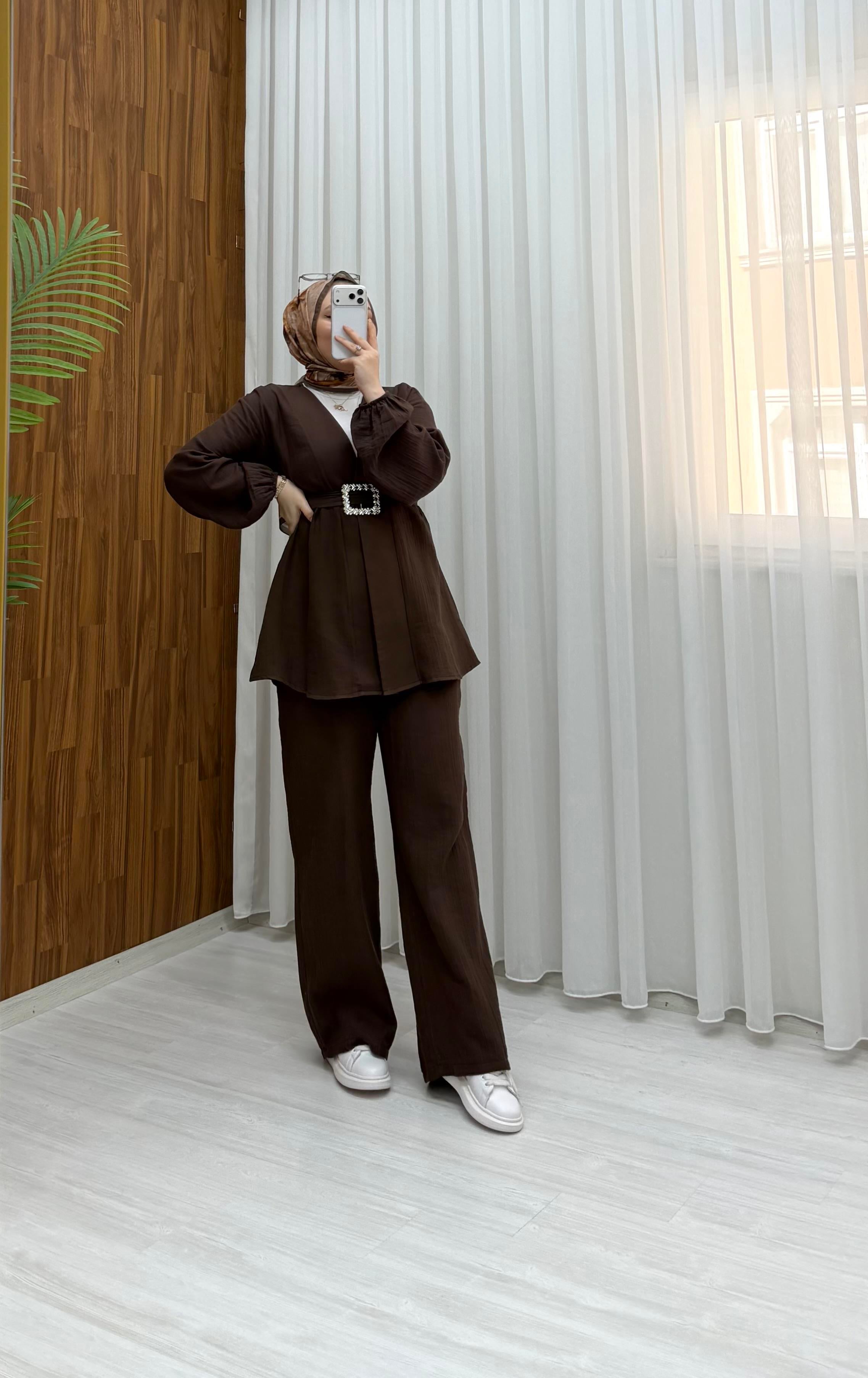 Poli Müslin Kumaş Pantalonlu Takım Kahve 4784 