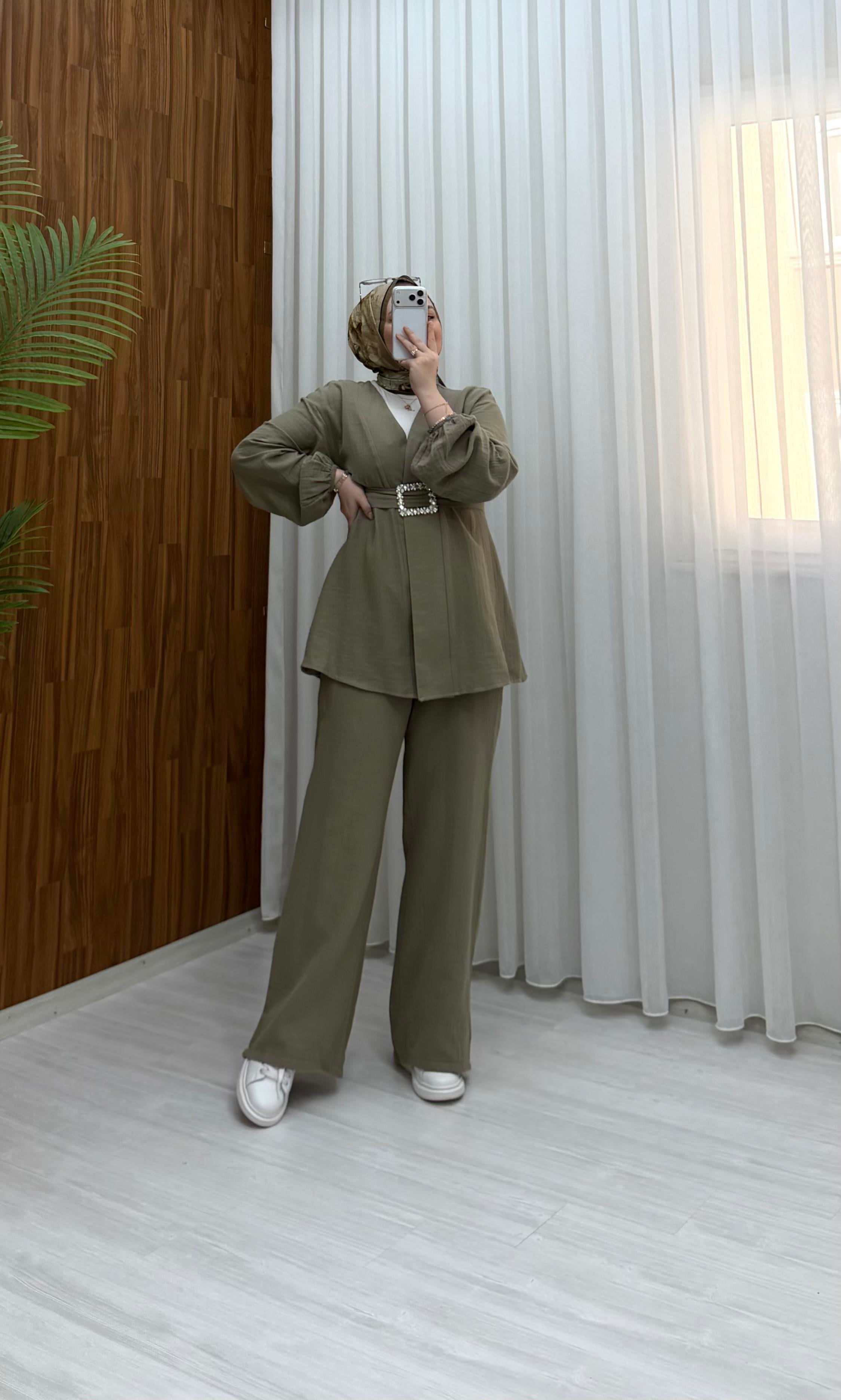 Poli Müslin Kumaş Pantalonlu Takım Vizon 4784 