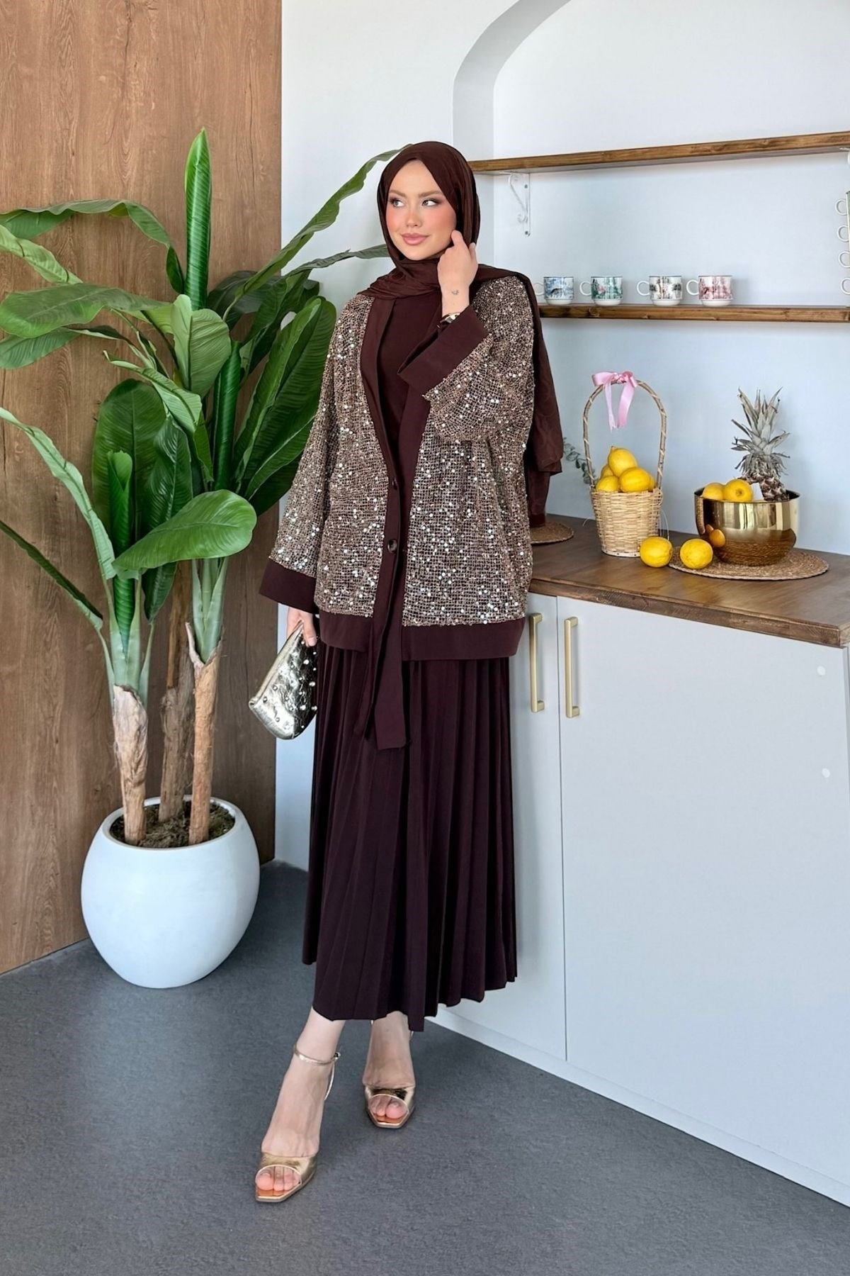 Qup Sendy 3 lü Etekli Takım Kahve 6493 