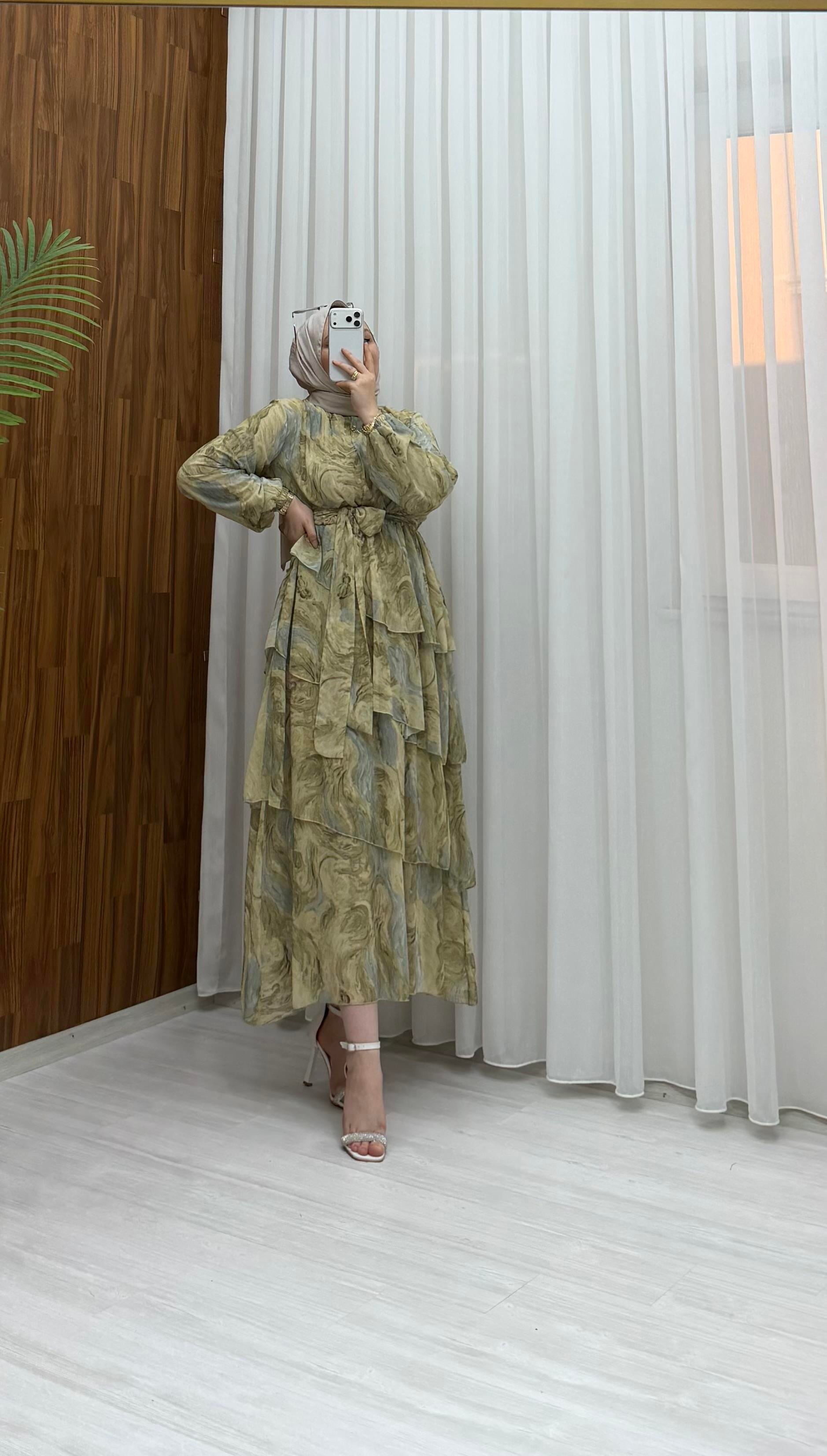 Binay Şifon Desenli Kat Kat Elbise Yeşil 7894 