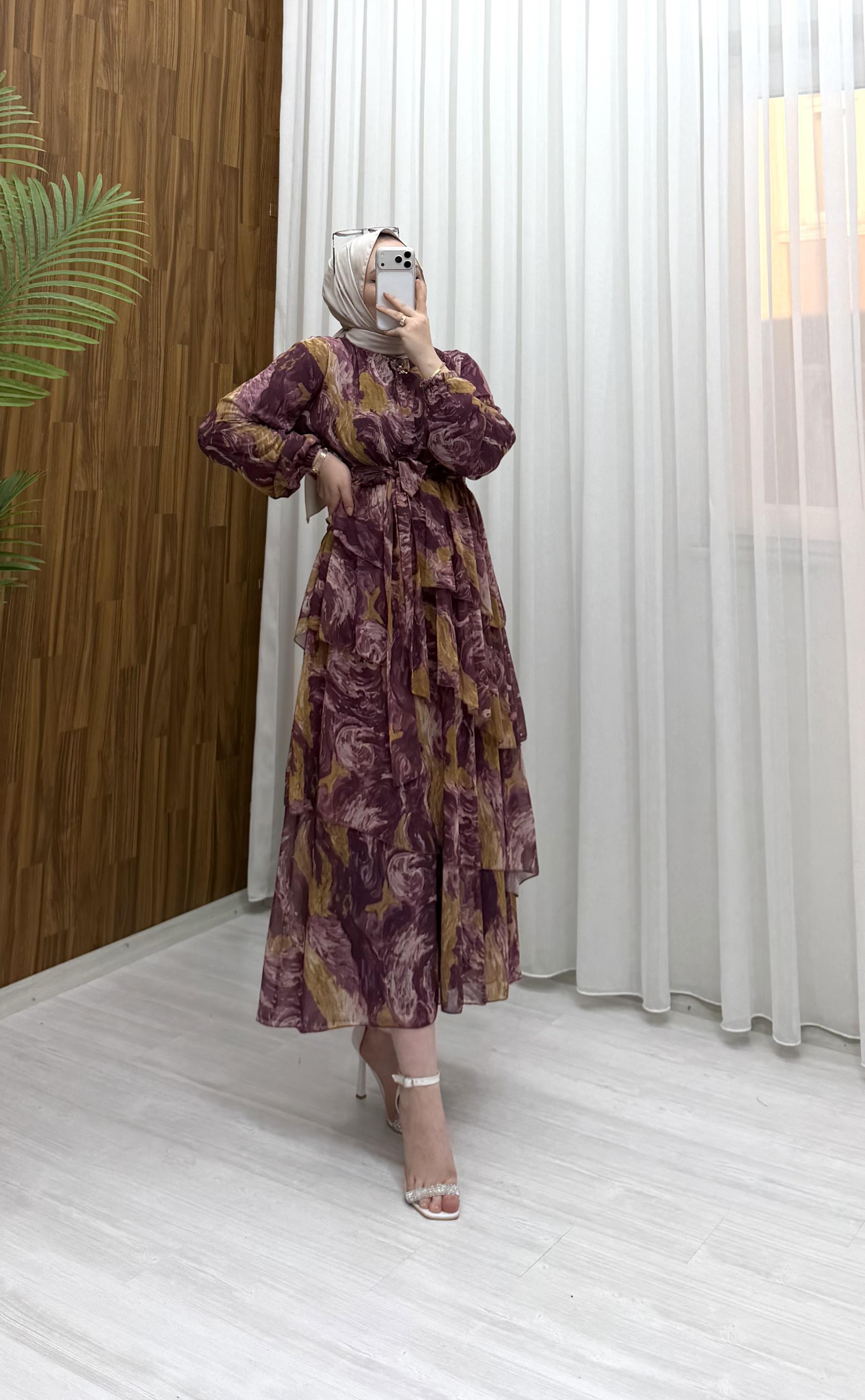 Binay Şifon Desenli Kat Kat Elbise Mürdüm 7894 