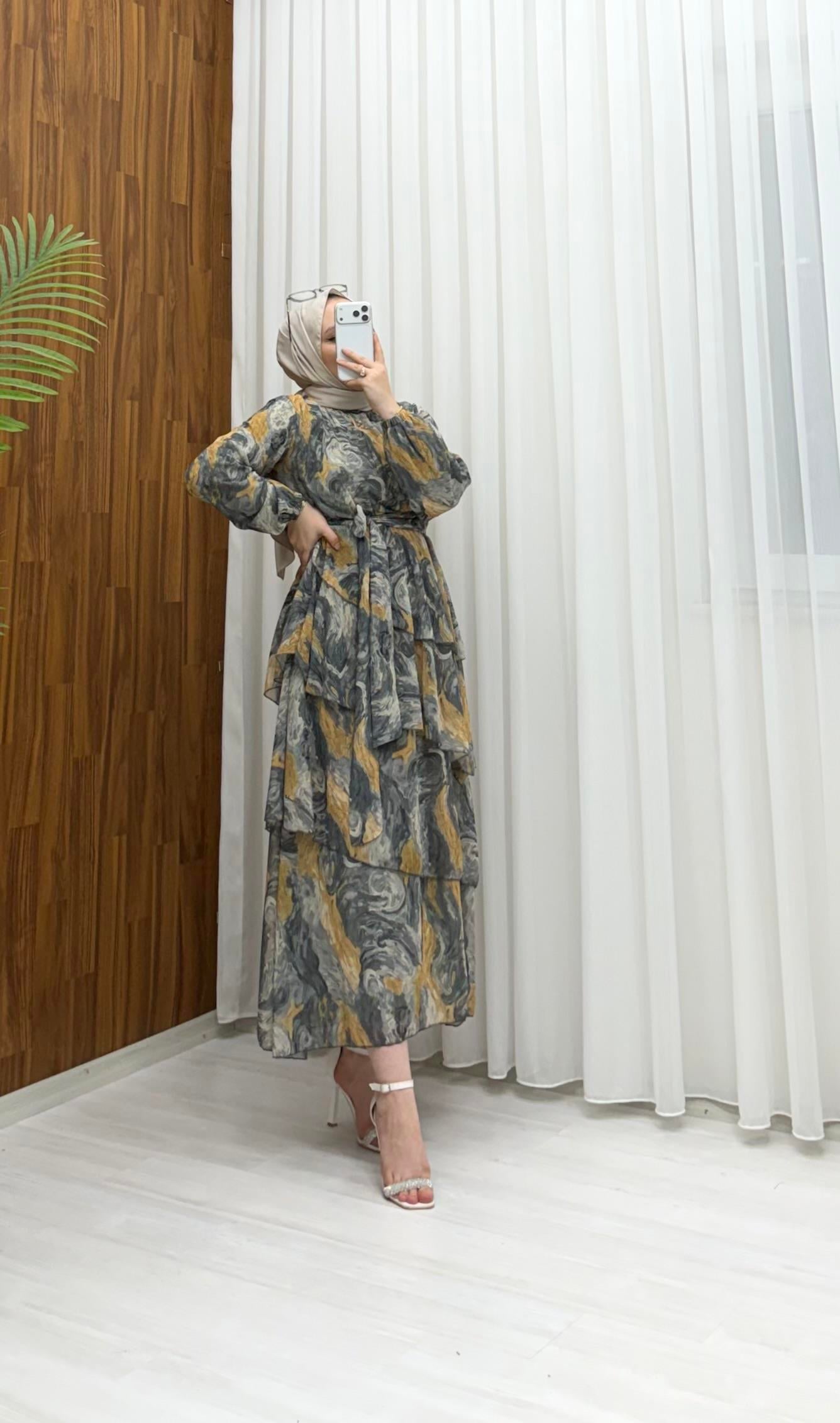 Binay Şifon Desenli Kat Kat Elbise Antrasit 7894 